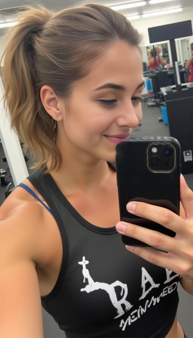 boring low quality snapchat photo circa 2015, a fit woman model as fitness influencer wearing gym outfit in the bodybuilding gym, , cute woman, soft light brown hair, selfie