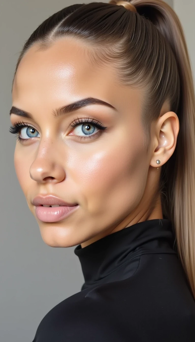 Close-up portrait of a fictional young woman with an oval face shape, slim elongated jawline, sharp contours. Head turned slightly to the side in a three-quarter view. Icy blonde straight hair, very long, sleek and shiny, parted cleanly in the middle, tied back into a tight high ponytail, with a few smooth strands framing her face. Baby-blue almond-shaped eyes, piercing and intense, framed by bold eyeliner and long lashes. Dark well-groomed brows with a sharp arch, enhancing a fierce look. Straight narrow nose with a defined bridge. Full lips, plump and symmetrical, with a matte nude tone, slightly pursed in a confident expression. High cheekbones and clear, flawless skin with a cool undertone, smooth texture, subtle contour. Expression: cold, strong, intimidating, confident, almost defiant. High-resolution, hyper-realistic skin, professional beauty retouch. Even, soft studio lighting, perfectly illuminated face, no visible shadows, smooth cinematic brightness and crisp contrast.