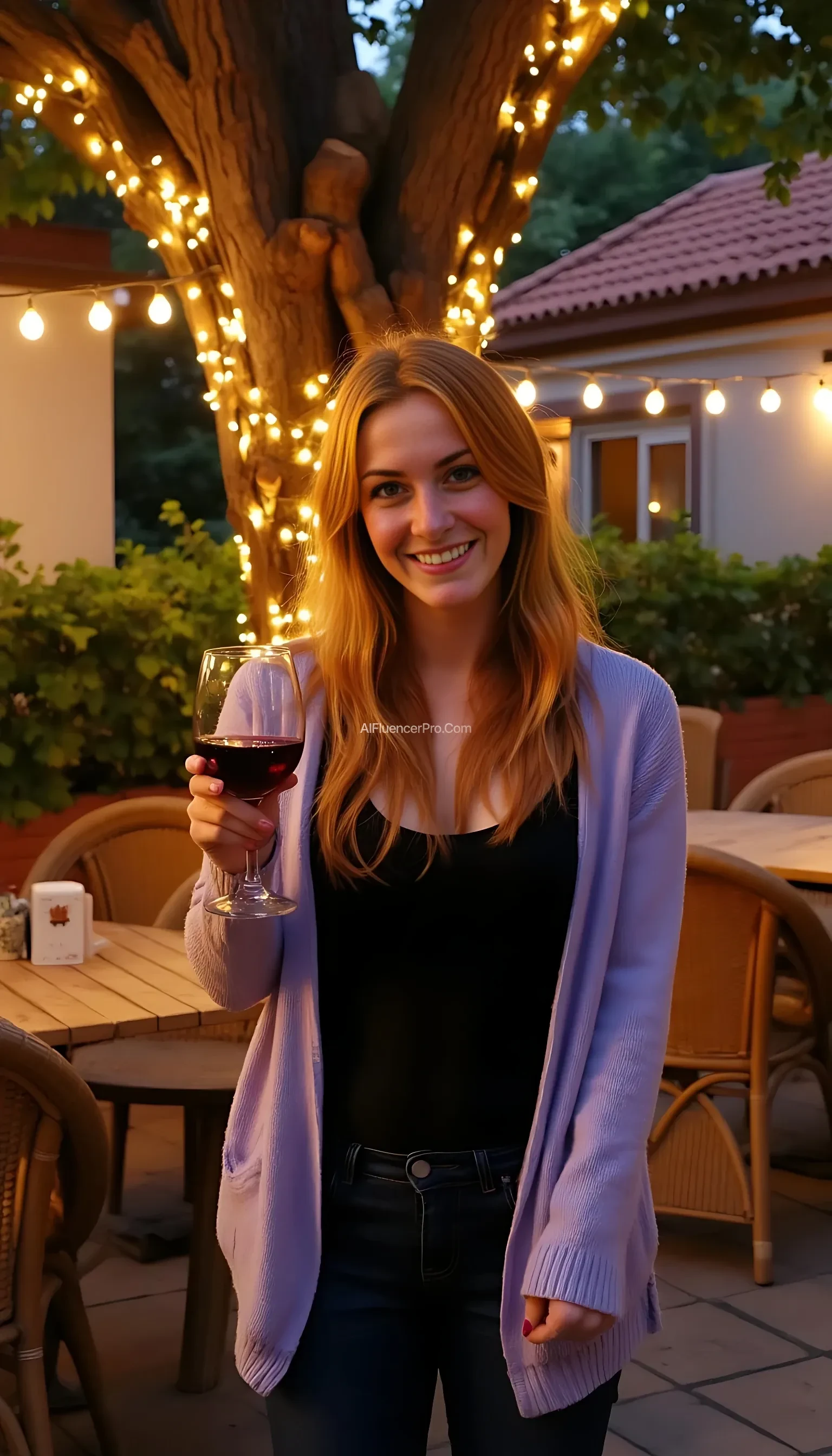 A full body shot photo of a woman standing outdoors at a cozy, warmly lit patio in the evening, with soft, glowing lights wrapped around a tree behind them creating a charming atmosphere. The image is rich in detail, with warm tones and clear textures throughout. The woman has fair skin, a slim build, and long reddish-blonde hair, also worn loose. She is smiling warmly at the camera, holding a glass of red wine in her right hand, and wears a soft-textured lavender cardigan over a black top. The background features a large tree with sparkling string lights wrapped around its trunk and branches, adding a magical touch to the scene. The setting suggests a private outdoor seating area, with elements like terracotta-tiled roofing, greenery, and rattan chairs contributing to a serene, inviting vibe. The overall composition is balanced, with the woman framed against the softly glowing tree, and the lighting enhances the warm, intimate feel of a quiet evening shared among friends. The details are vivid, with textures of clothing, skin, and background elements clearly visible, while the warm lighting creates a relaxed and joyful mood