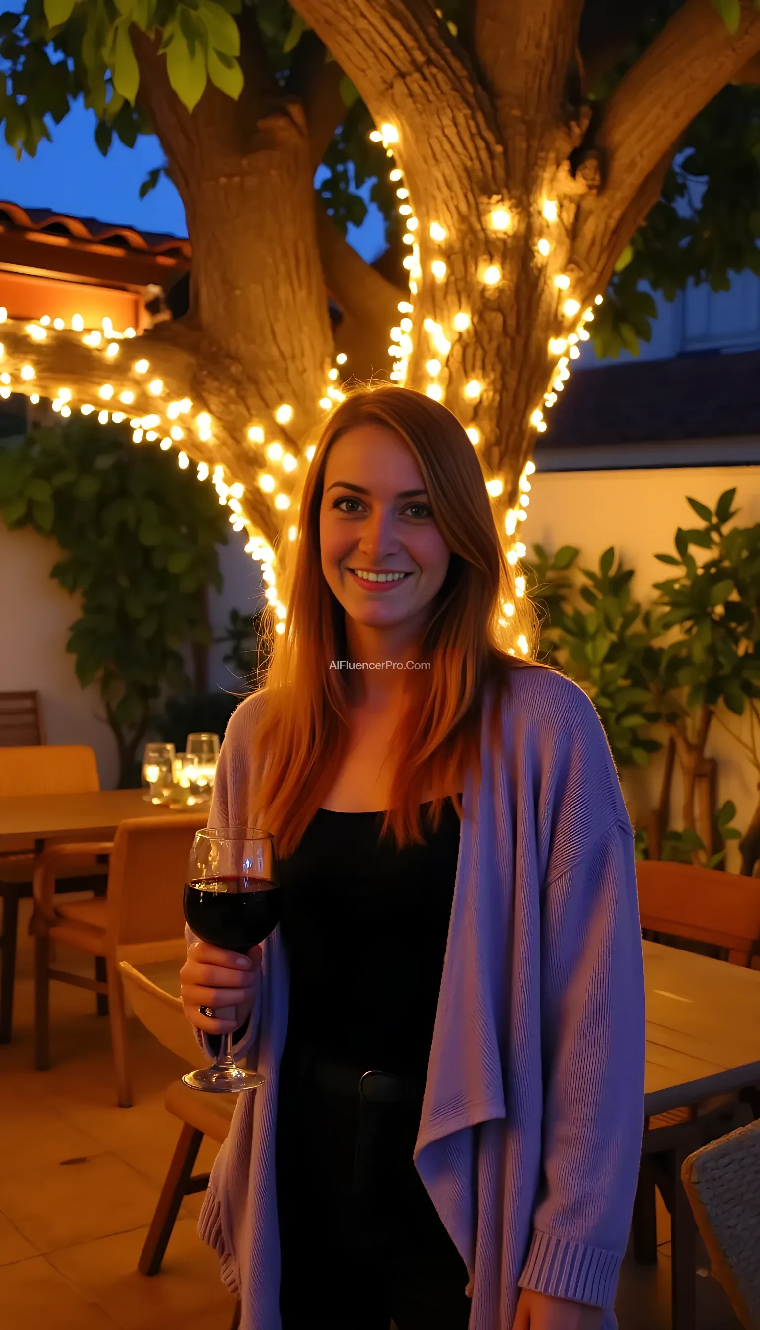 A full body shot photo of a woman standing outdoors at a cozy, warmly lit patio in the evening, with soft, glowing lights wrapped around a tree behind them creating a charming atmosphere. The image is rich in detail, with warm tones and clear textures throughout. The woman has fair skin, a slim build, and long reddish-blonde hair, also worn loose. She is smiling warmly at the camera, holding a glass of red wine in her right hand, and wears a soft-textured lavender cardigan over a black top. The background features a large tree with sparkling string lights wrapped around its trunk and branches, adding a magical touch to the scene. The setting suggests a private outdoor seating area, with elements like terracotta-tiled roofing, greenery, and rattan chairs contributing to a serene, inviting vibe. The overall composition is balanced, with the woman framed against the softly glowing tree, and the lighting enhances the warm, intimate feel of a quiet evening shared among friends. The details are vivid, with textures of clothing, skin, and background elements clearly visible, while the warm lighting creates a relaxed and joyful mood