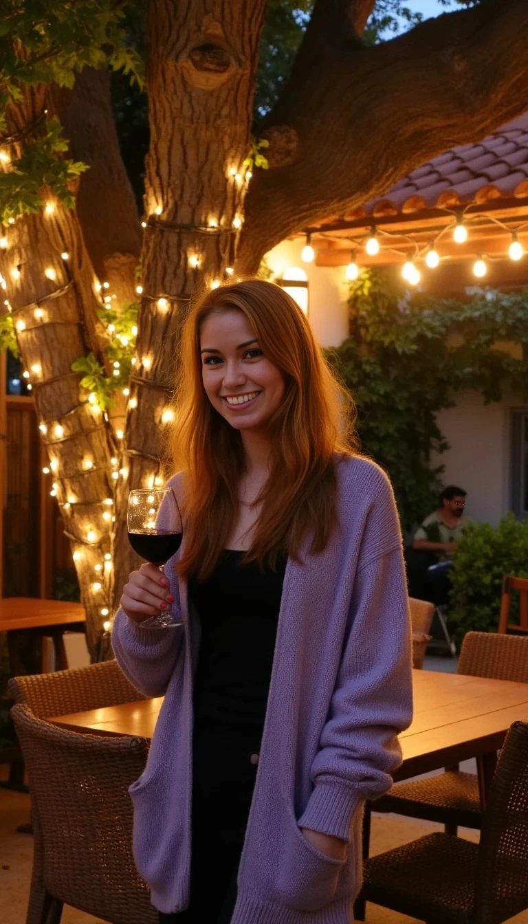 A full body shot photo of a woman standing outdoors at a cozy, warmly lit patio in the evening, with soft, glowing lights wrapped around a tree behind them creating a charming atmosphere. The image is rich in detail, with warm tones and clear textures throughout. The woman has fair skin, a slim build, and long reddish-blonde hair, also worn loose. She is smiling warmly at the camera, holding a glass of red wine in her right hand, and wears a soft-textured lavender cardigan over a black top. The background features a large tree with sparkling string lights wrapped around its trunk and branches, adding a magical touch to the scene. The setting suggests a private outdoor seating area, with elements like terracotta-tiled roofing, greenery, and rattan chairs contributing to a serene, inviting vibe. The overall composition is balanced, with the woman framed against the softly glowing tree, and the lighting enhances the warm, intimate feel of a quiet evening shared among friends. The details are vivid, with textures of clothing, skin, and background elements clearly visible, while the warm lighting creates a relaxed and joyful mood