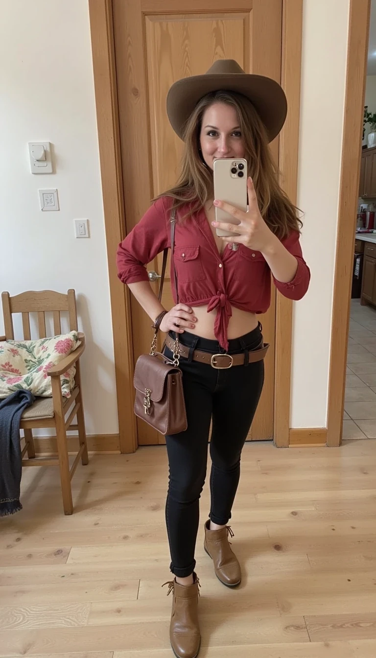 Woman taking a selfie dressed like a cowgirl
