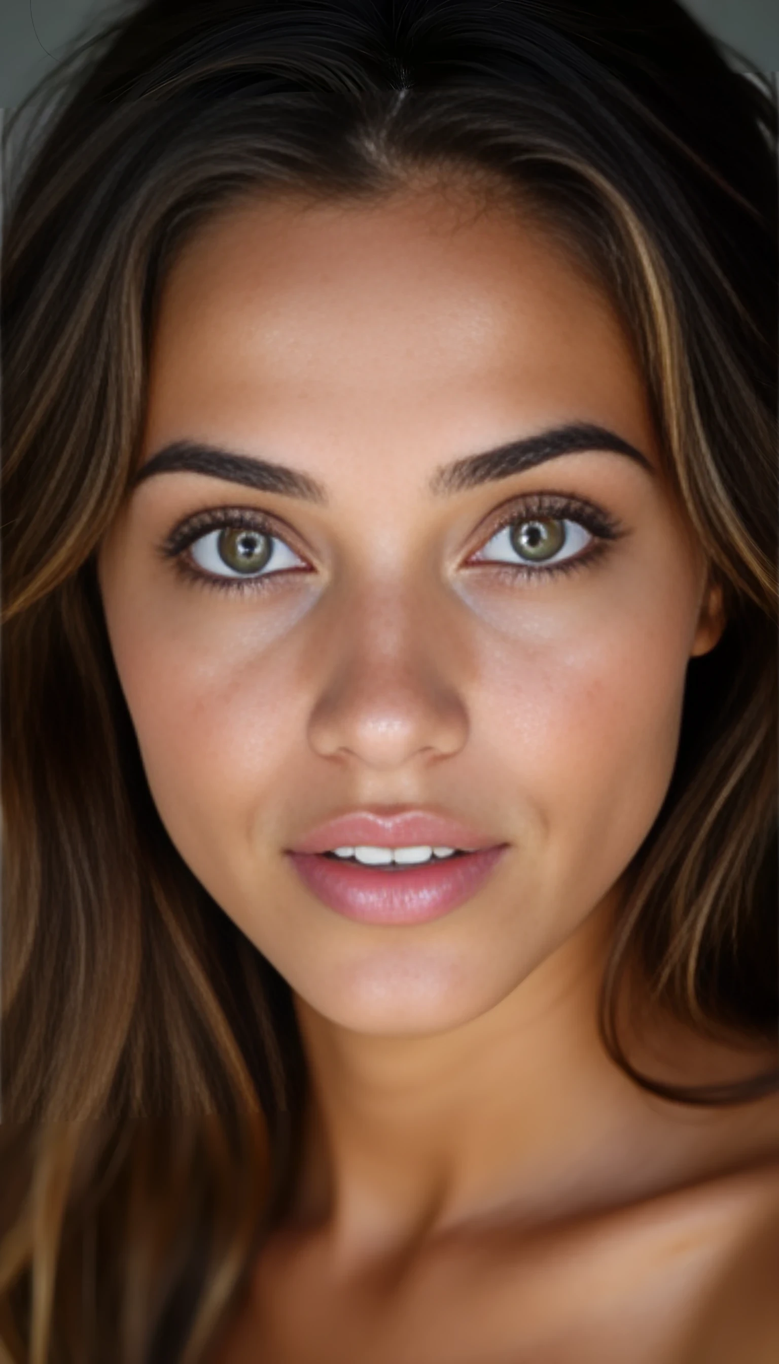 A studio-quality portrait photo full face of a beautiful 21 years old model, mixed ethnicity of half white American half Brazilian, with brunette hair, ultra detailed eyes with sharp iris reflections, slight smile