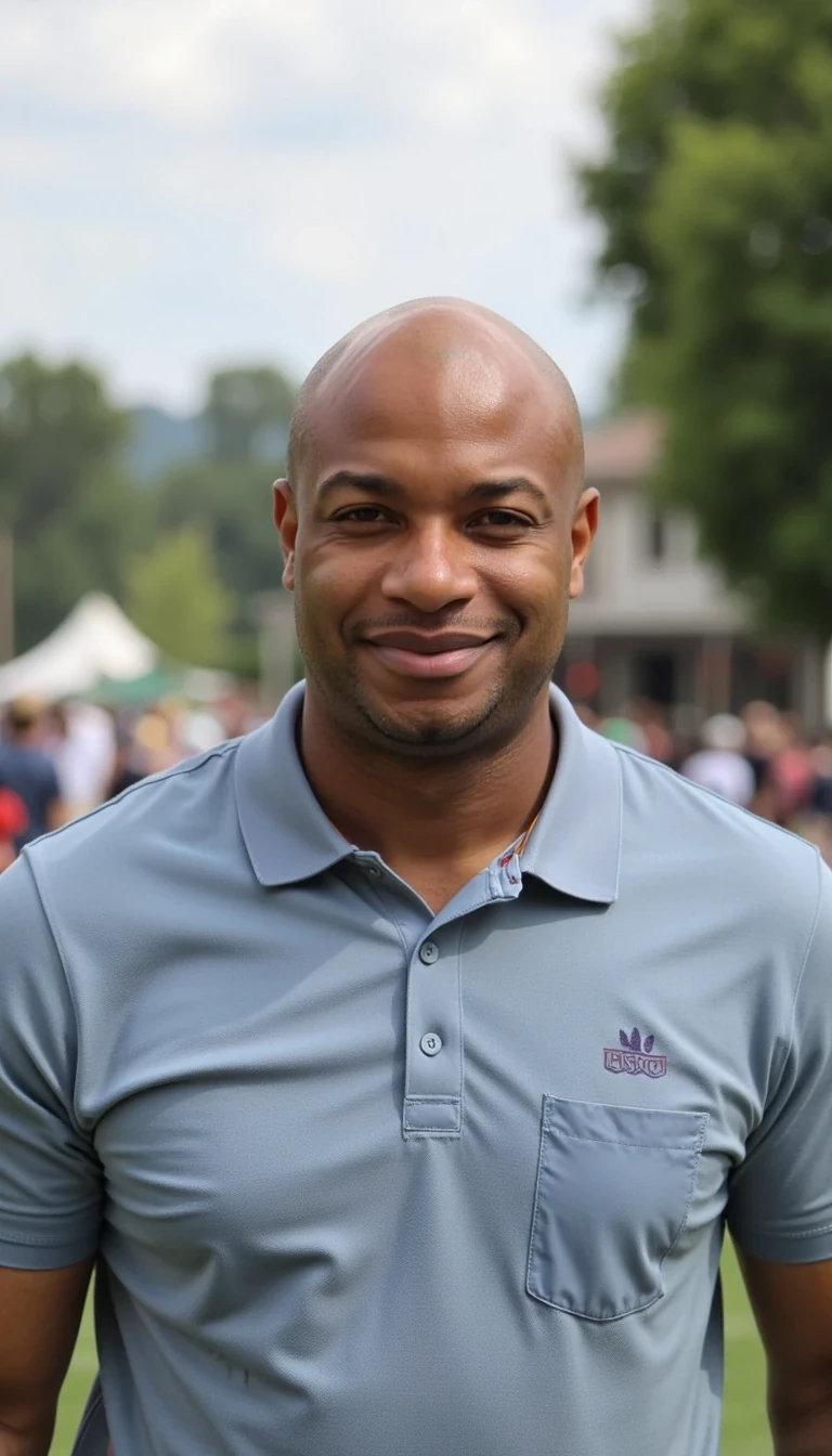 Human filter , polo, walking at polo game, smiling and same face of Carter with bald head, real and younger look, cstmdl