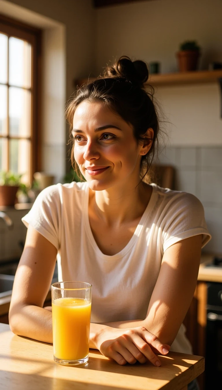 Sunlit kitchen scene, woman leaning on counter with glass of juice, wearing a loose tee and messy bun, playful energy, CSTMDL woman