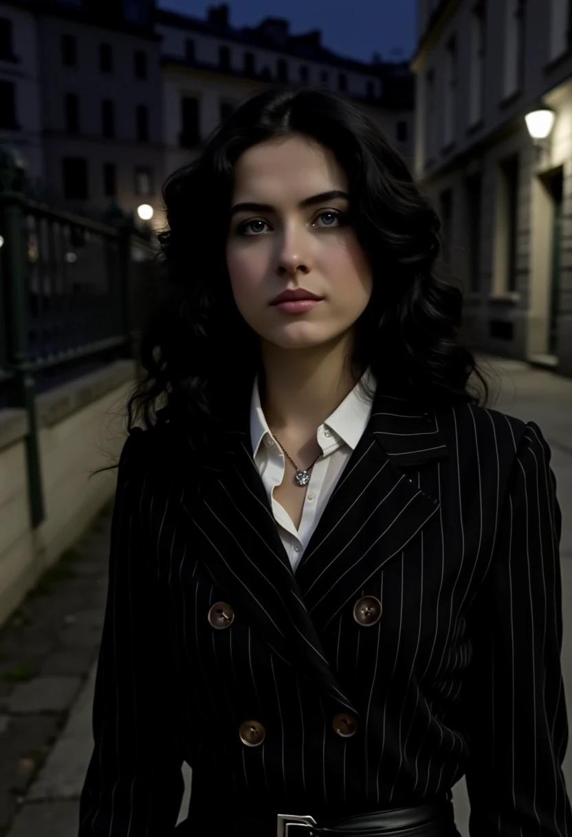Woman CSTMDL, black hair, blue eyes, her hair are loose, she’s beautiful with a cold smile, wearing a tailored black pinstripe blazer featuring large buttons. 
She wears a white shirt, under her blazer. The outfit is accentuated with a thin black belt around the waist, giving a modern, professional but sexy look. Her expression is haughty and contemptuous. She looks like someone cold and unfriendly. Her skin tone is very white, (pallid), almost cadaveric. She’s wearing a small pendant.
The background is a deserted Parisian street by night. The light is dim, making the scene a bit worrying and frightening.