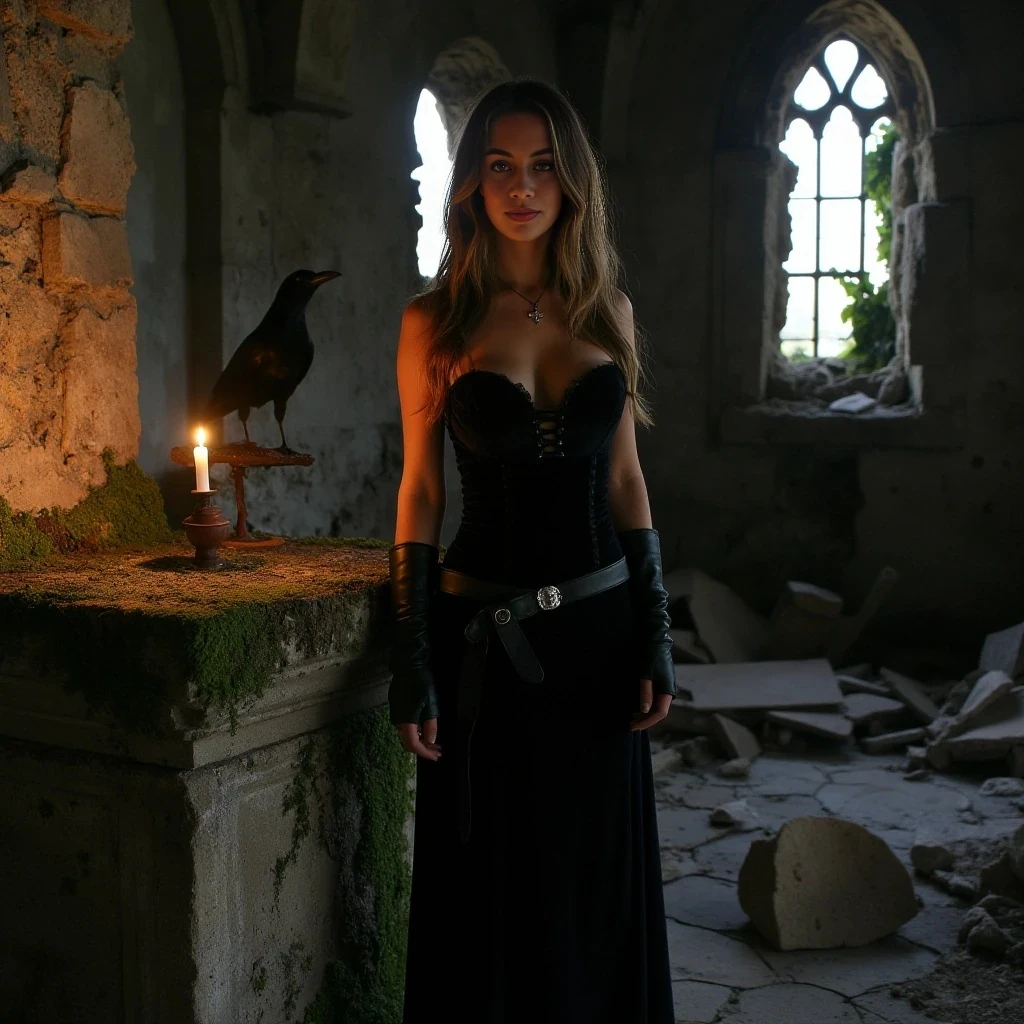 boring low quality snapshot, low-quality picture, realistic, age 22, tanned skin, clear face, long hair brown with blonde highlights, huge breasts, light green eyes, round ass, fit and proportionate figure, 5'4" tall, lowest quality, 1080 hd,
She stands alone in the ruins of a forgotten chapel, its stained glass shattered and moonlight spilling through like divine rebellion. Her black velvet gown clings to her frame, corset cinched tight, the neckline daring but elegant framed by lace that dances with every breath of wind.

A single candle flickers beside her on a cracked stone altar, casting golden light across her pale skin and the silver cross nestled at her throat. Her boots leather, laced to the knee rest on moss covered tiles, and her gloved fingers trace the edge of a rusted chalice as if remembering something sacred and forbidden.

Her gaze is distant, heavy-lidded, framed by smoky eyeshadow and a hint of crimson on her lips. A raven watches from the rafters above, silent witness to her quiet power. The scene hums with sensual melancholy no audience, no pretense, just her and the ghosts of the past swirling in candle smoke.