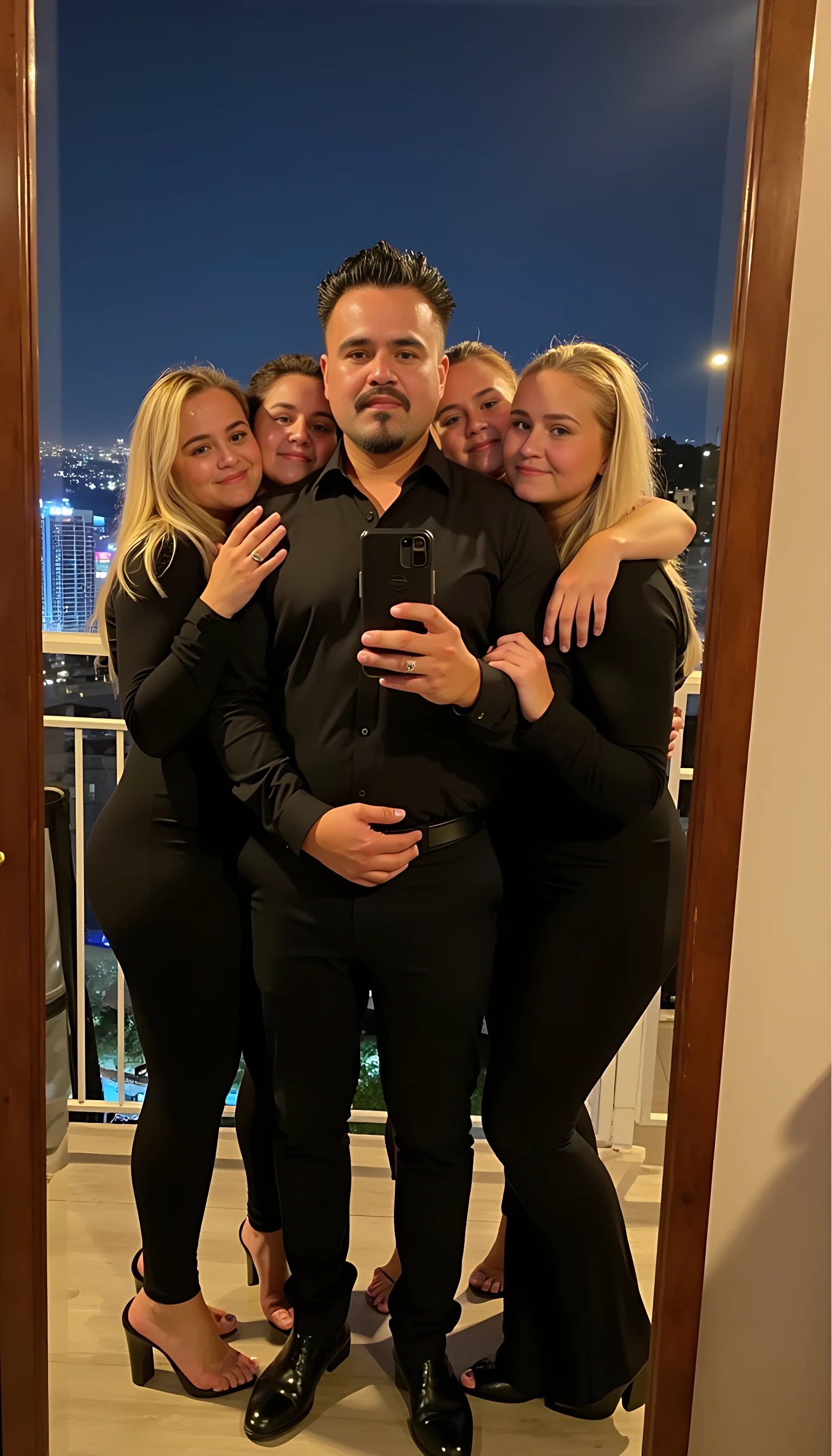 Selfie in a  mirror full man body wearing a  nice black dress shirt   Hugging with 5 blonde girls in a  big city night lights background 
