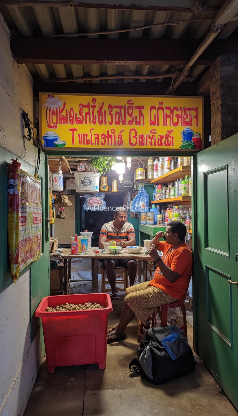 a shop with name Saranya Gopal's Tea shop - a local indian tea shop in a village probably in taminadhu with 2 village people drinking tea inside the shop 