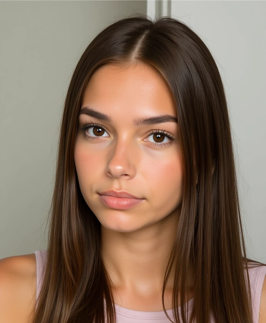 Shot of CSTMDL
Sharp focus on facial features, High dynamic range, 85mm lens look
Big tits.
Body type and measurements:
She is an 18 years old girl. Her hair is long, reaching below the shoulders, with a straight to very slightly wavy texture. It has a healthy, smooth appearance with natural shine and volume. The color is medium to dark brown with subtle warm undertones, and the strands appear moderately thick and uniform in density. The hair is parted slightly off-center or middle in most images, framing the face symmetrically. Eyes are large, almond-shaped, and widely spaced. The irises appear medium to dark brown with a warm, slightly amber tone under natural lighting. Eyelids have a soft natural crease, and the eye area is framed by full, dark lashes and naturally arched brows of medium thickness, which complement the overall symmetry of the face. She has an hourglass figure. Height approximately 64 inches. Bust is full, round, and projected, with an estimated circumference of 36 inches and moderate projection from the chest wall. Underbust estimated at 28 inches, giving a bust-to-waist contrast of about 7 inches. Waist is narrow, strongly cinched, and flat, estimated 24 inches, with a pronounced curve into the hips. Hips are broad and rounded, estimated at 39 inches, with high hip bones and a strong waist-to-hip ratio. Gluteal region is prominent, lifted, and firm, with well-developed curvature extending outward and downward. Thighs are thick and full, estimated at 24 inches at the widest point, with a slight taper toward the knees. Calves are not visible in all photos, but appear balanced with thigh proportions. Abdomen is flat with a bit of fat. Arms are slim with soft definition, estimated upper arm circumference around 9 inches. Shoulders are slightly broad and rounded, creating symmetry with hip width; clavicle line is soft and horizontal. Neck is medium-length and proportionate. Torso is short to medium in vertical length, with the distance from underbust to waist appearing compact. Ribcage is slightly narrow. Legs are long relative to torso, contributing to an elongated lower-body visual impression. Posture appears upright and relaxed, with natural spinal curvature and mild anterior pelvic tilt. Skin surface is smooth and even-toned and lightly tanned.
Scene/Background
The setting is a cozy, softly lit bedroom. A textured white blanket and pillows surround her, with smooth white bedding forming a neutral backdrop. The simplicity of the environment keeps the visual focus on her expression and styling, creating a warm and inviting tone.

Position
She is lying on her back, angled slightly to the side with one hand resting gently on her chest and the other raised near her face. Her gaze is directed into the camera with a relaxed, subtle expression, and her posture feels natural and calm—capturing a quiet, personal moment.

Clothing
She wears a fitted pink tank top layered over a black bra, with thin straps that frame her neckline. A delicate silver necklace adds a soft, feminine accent, complemented by simple rings and a pale pink manicure that enhances the polished look without overpowering it.

Lighting
The image is lit with soft, diffused light—likely from a bedside lamp or nearby window—which highlights her skin evenly and creates a gentle warmth in the frame. Shadows are minimal, giving the photo a balanced, softly glowing atmosphere.

Vibe
The overall mood is serene, polished, and subtly intimate. The casual styling, paired with her calm expression and relaxed posture, gives the image an effortless elegance. It feels candid yet curated, capturing a still, quiet beauty in a familiar and personal setting.