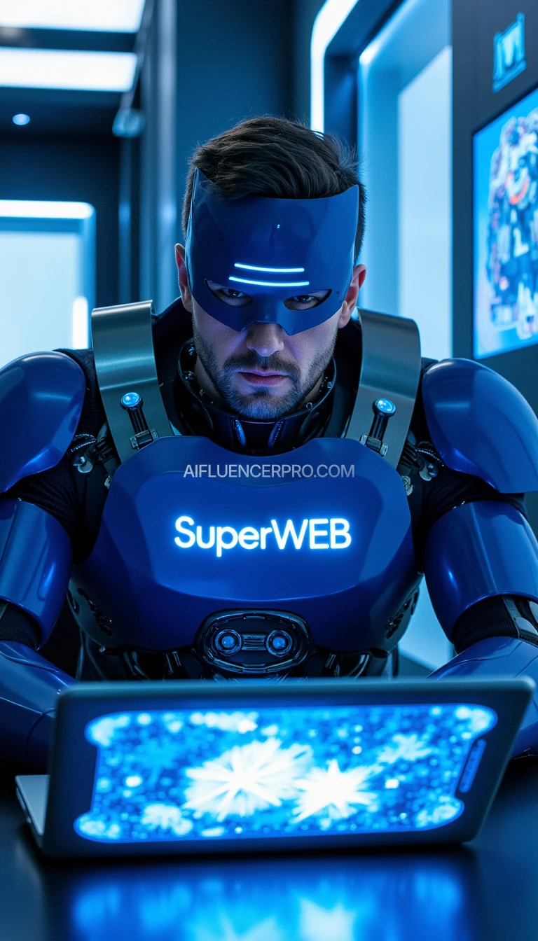 A man with half of his face visible, wearing a blue robotic suit inspired by Transformers. The suit features structured metal panels, visible mechanical cables, and glowing blue LED lights in several areas. The robotic helmet only covers his eyes, forming a sleek horizontal line with a modern design. On his chest, the text "SuperWEB" glows in a tech-style font. He is sitting in a modern and futuristic room, surrounded by illuminated panels, holographic screens, and high-tech decor. The man is focused on a futuristic laptop emitting holographic displays from its screen. The room is bathed in soft blue light that reflects off his robotic suit, creating an advanced, high-tech atmosphere.