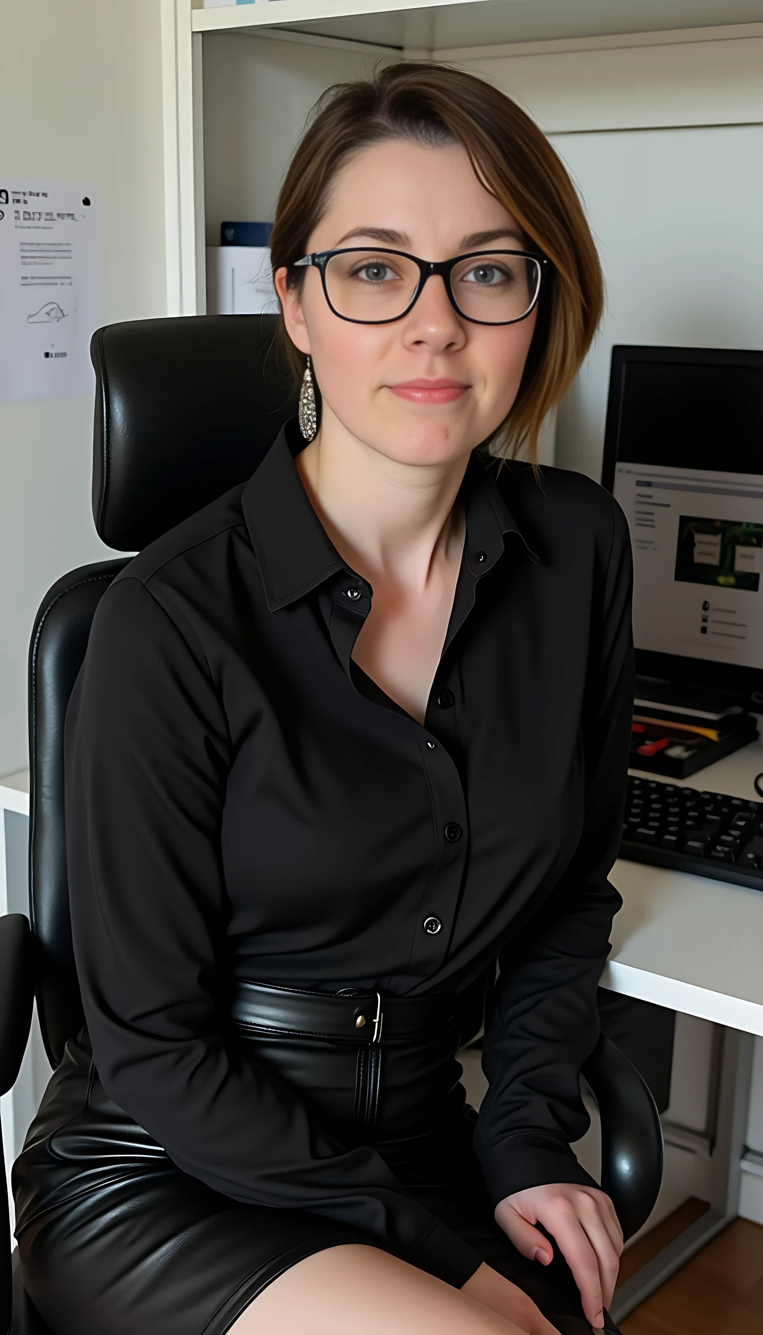 This is a highly detailed photography depicting a woman CSTMDL with fair skin, blue eyes and dark brown hair. She is seated on a black office chair, leaning slightly forward with her right hand resting on her knee and her left hand on the armrest. Her facial expression is calm and slightly contemplative, with her lips slightly parted and eyes looking directly at the viewer. She is wearing large, black-framed glasses that accentuate her delicate features.

Her attire includes a black, long-sleeved blouse that is buttoned up to the top, revealing a hint of cleavage and emphasizing her large natural breasts. She pairs the blouse with a high-waisted, black leather skirt that hugs her hips and midsection, accentuating her thin and athletic but yet curvy and plain feminine curves figure. The skirt is fastened with a black belt, adding to the sleek, professional look. She also wears large, dangling earrings that add a touch of elegance to her appearance.

In the background, there is a white desk with a computer monitor and a pile of books and papers, indicating an office setting. The lighting in the image is soft, creating a warm and inviting atmosphere. The overall style of the artwork is realistic with a slight touch of hyper-realism, capturing fine details and textures with precision.