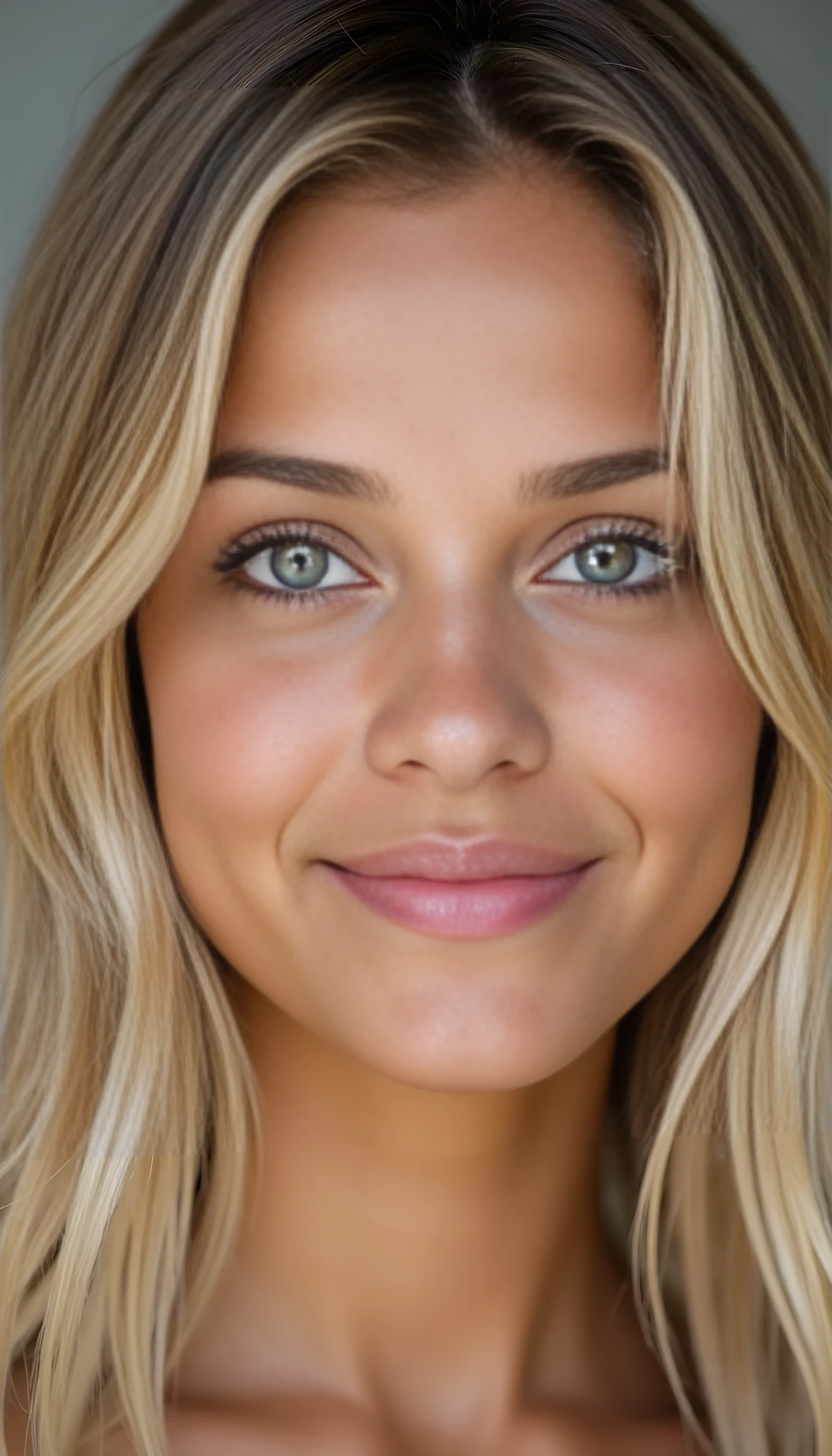 A portrait photo of a beautiful 20 years old young model, mixed ethnicity of half white American half Brazilian, with blonde hair, ultra detailed eyes with sharp iris reflections, slight smile, studio high-quality