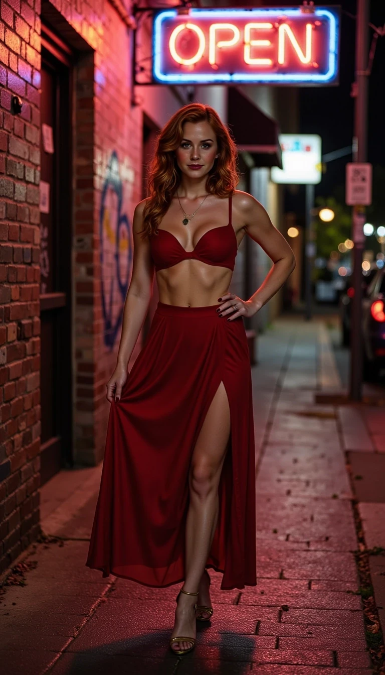 CSTMDL is athletic, 5 feet 4 inches short. She has DDD breasts, green eyes, perfectly shaped eyes and pupils. Her hair is extremely bright copper-red, straight and sleek, parted down the middle, falling just past her shoulders. Her eyebrows are red, and her makeup includes gold shimmer eyeshadow, bold winged eyeliner, and glossy deep red lips.

She is standing beneath a flickering neon sign, glowing red and blue and says "OPEN", with wet pavement reflecting the colors. She holds one hand on her hip, the other lifting the high-slit skirt just enough to reveal the top of her thigh. She’s wearing gold heels and dark red nails. Her head is tilted slightly back, eyes half-lidded, lips parted in a bratty smirk.

The urban alley is lit with cinematic dusk tones: golden highlights and ambient neon haze. Graffiti and brick surround her, while faint rose petals trail into the shadows.

Shot on a Canon EOS R5, 50mm f/1.2L lens, ISO 160, f/1.2, 1/250 shutter. Ultra-detailed 8K with moody contrast and a shallow depth of field.