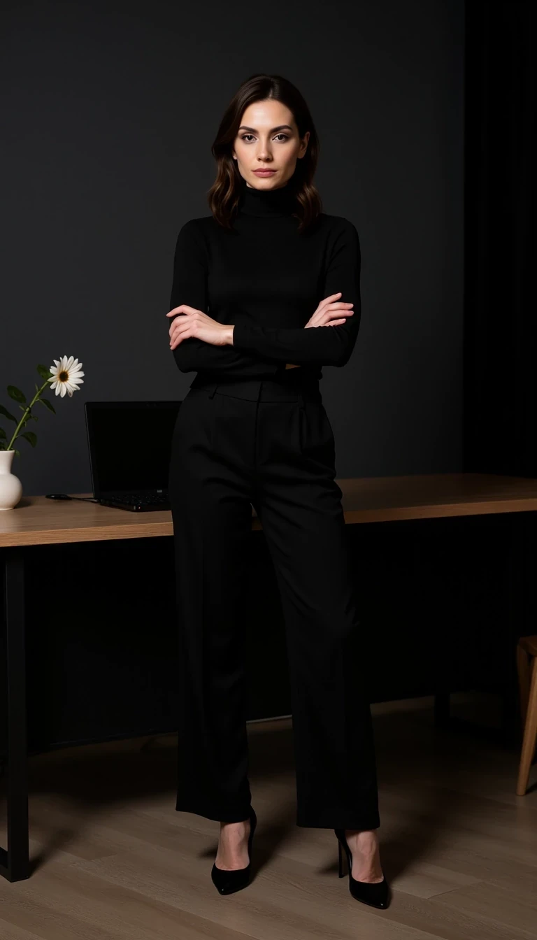 Model age: 30
Ethnicity: French
Style: Powerful, Elegant, Editorial, Dark Glamour, CSTMDL woman
Standing in black turtleneck and trousers, arms crossed, high heels, modern black office interior, moody lighting, confident pose, cinematic shot