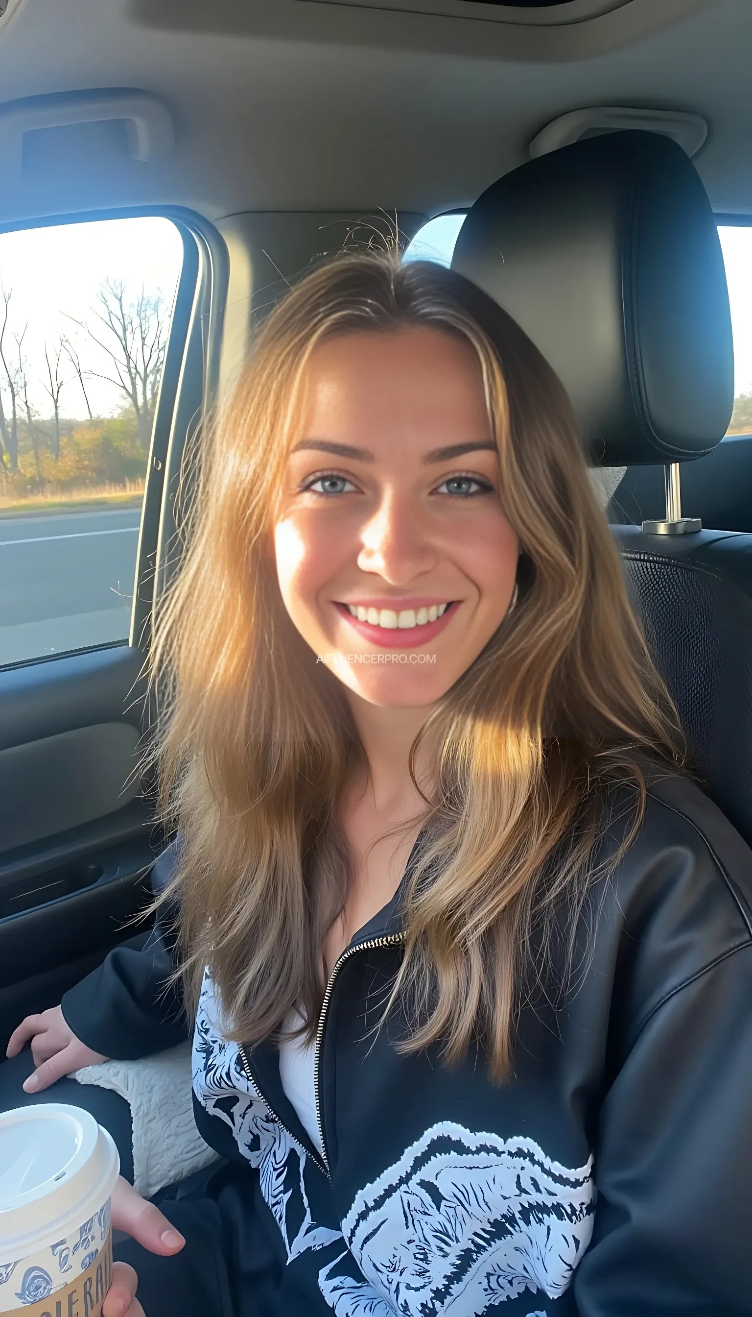 boring low quality snapchat photo circa 2015, A young woman with a warm smile, sitting in the driver's seat of a cozy car. She has soft, wavy brown hair cascading past her shoulders. The sunlight streams through the window, casting a gentle glow on her face. The interior of the car is neat and comfortable, with a coffee cup in the cup holder and a small plant on the dashboard. The background outside the window shows a scenic road lined with trees and blue skies