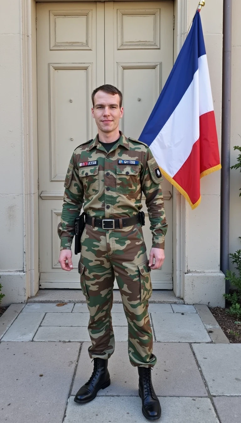 Wearing the French foreign legion military camo uniform standing outside a military barracks with the French flag on a wall, smiling and posing, skinny built. Photo is to be 1080p taken on a mobile phone