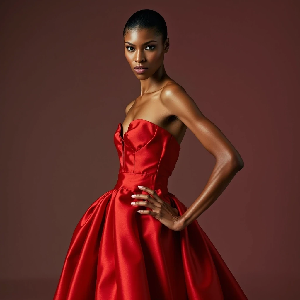 Vogue Cover
Shot on Hasselblad H6D-100c, 80mm f/2.8, ISO 50, 1/125 sec. Medium shot of statuesque supermodel with light olive brown skin, 5'11" height, sculpted cheekbones, and almond-shaped eyes. Wearing Valentino haute couture gown in scarlet silk. Skin texture shows microscopic detail: refined pores, slight golden undertone, ethereal glass-like finish from expert skin prep. Key light: 72-inch Broncolor Para with silk diffusion at f/16, creating luminous wrap-around light that accentuates bone structure. Background: seamless grey at f/22, gradient lighting. Model poses with signature elongated neck, slight profile, channeling Iman's classic stance. CSTMDL