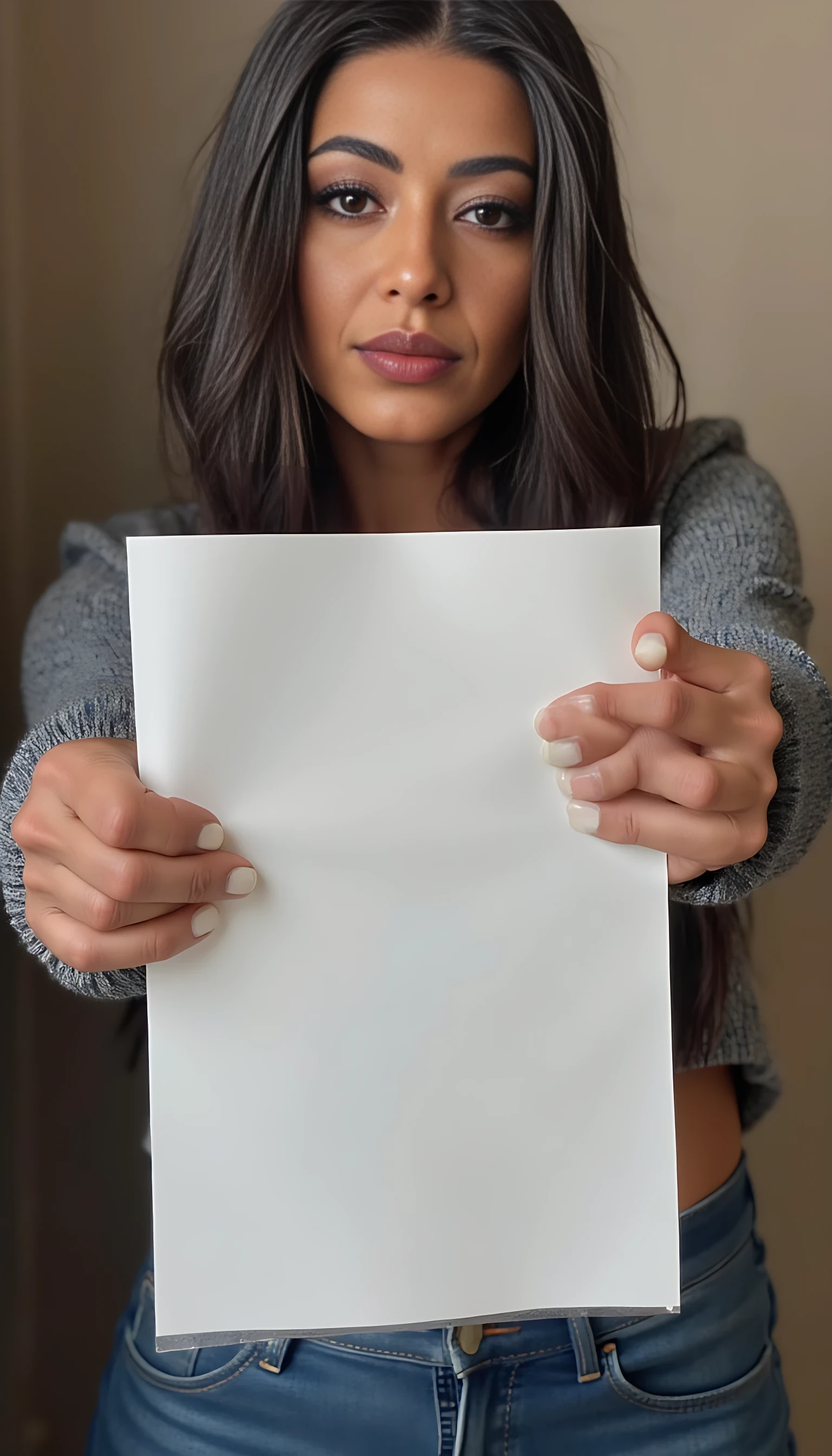 photo of woman CSTMDL, she’s holding a piece of white paper with both hands, upper body with long sleeve clothing, boring low quality Snapchat photo circa 2015