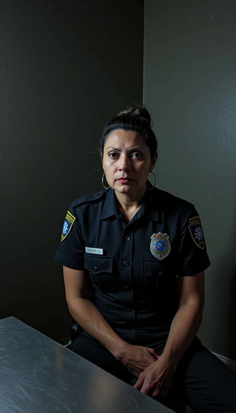 photo of woman CSTMDL, boring low quality snapchat photo circa 2015, woman police officer sitting in an interrogation room with a stern expression. The room is dimly lit, with a cold, industrial atmosphere. There is a metal table in front of her, reflecting some of the light. The woman officer is wearing modern police outfit and police tactical belt and has a serious yet composed demeanor. The camera flash is on, casting a dramatic shadow behind her against the plain walls. The sharp lighting creates high contrast, accentuating her features and the details of her uniform. The scene feels tense and focused, capturing the intensity of the moment