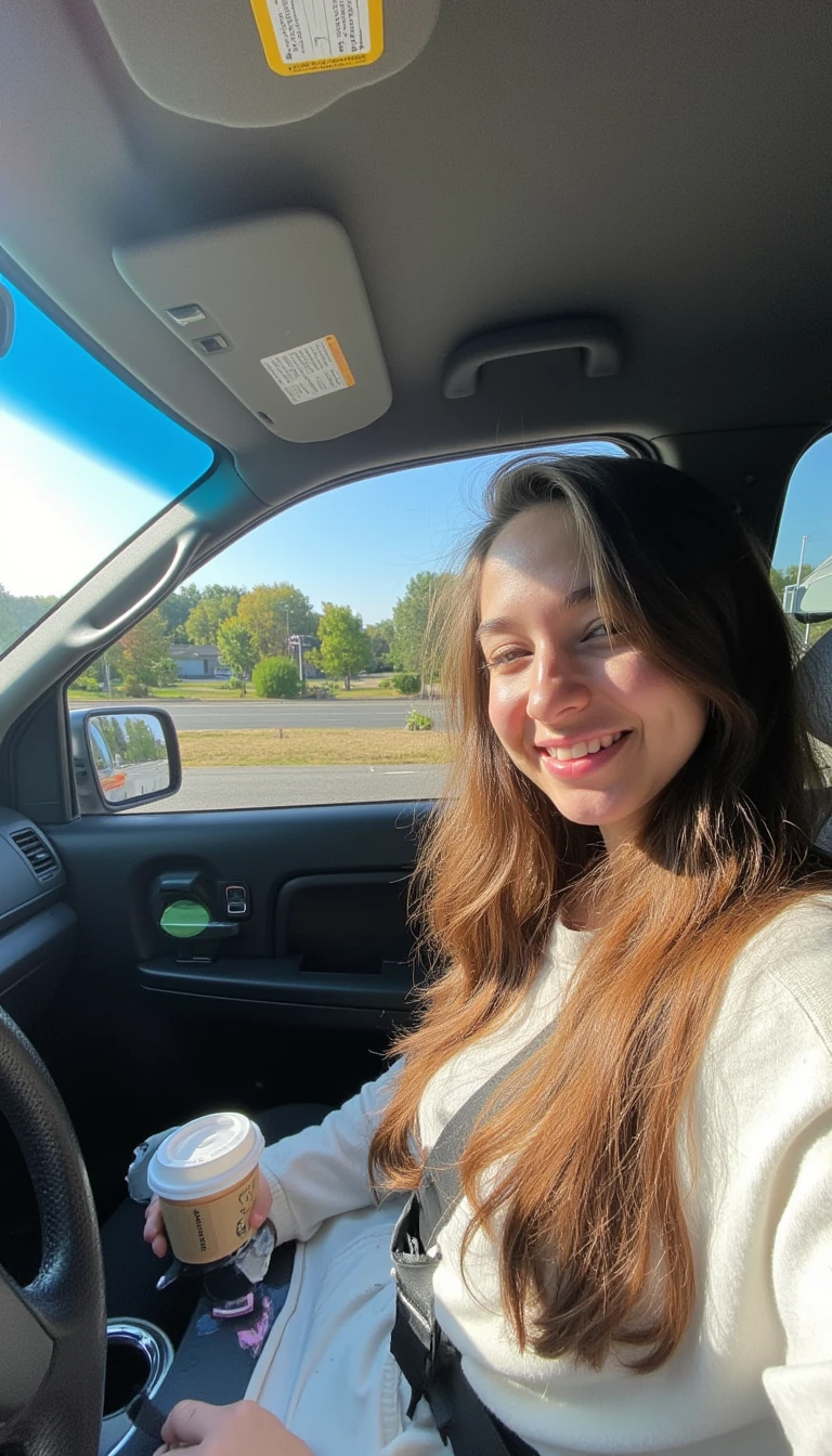 boring low quality snapchat photo circa 2015, A young woman with a warm smile, sitting in the driver's seat of a cozy car. She has soft, wavy brown hair cascading past her shoulders. The sunlight streams through the window, casting a gentle glow on her face. The interior of the car is neat and comfortable, with a coffee cup in the cup holder and a small plant on the dashboard. The background outside the window shows a scenic road lined with trees and blue skies