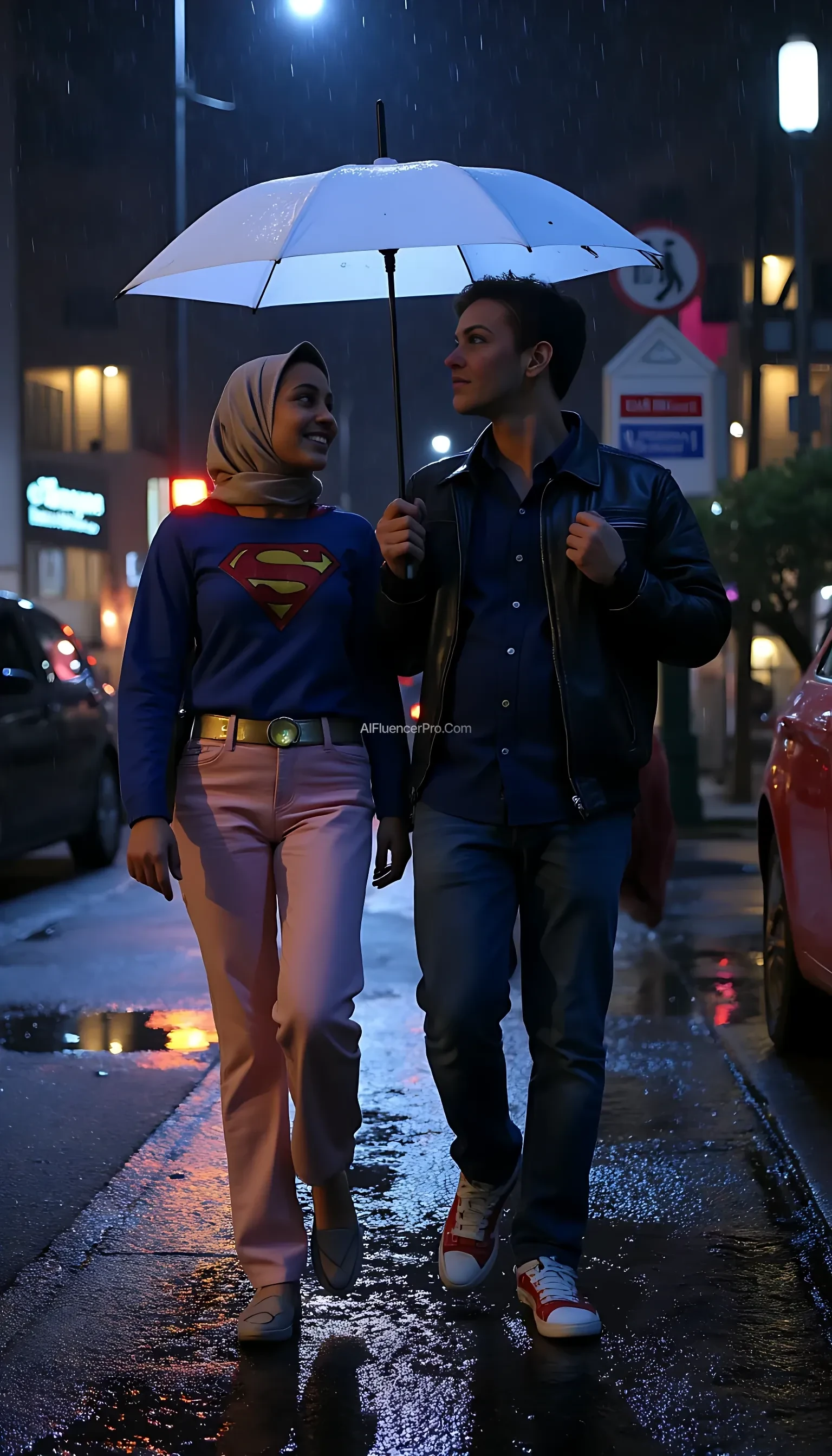 "A photorealistic depiction of a dark, wet city street at night, with rain falling softly. Supergirl is walking alongside her companion. She wears pastel trousers paired with a matching hijab and a subtle emblem of the iconic 'S' logo on her chest. Her face glows with a warm smile as she looks up at her companion. The companion, dressed in a navy shirt, blue jacket, and jeans, holds a white jacket above their heads as an impromptu umbrella, shielding them from the rain. The wet pavement reflects the sparkling city lights, and the puddles add texture and depth. The cinematic feel of the scene is accentuated by the glowing reflections and the warmth of their interaction."