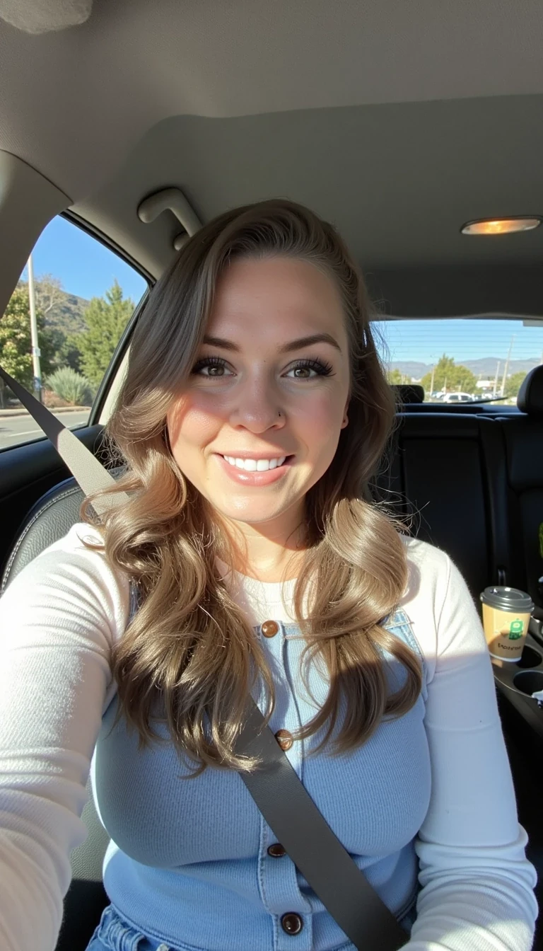 boring low quality snapchat photo circa 2015, A young woman with a warm smile, sitting in the driver's seat of a cozy car. She has soft, wavy brown hair cascading past her shoulders. The sunlight streams through the window, casting a gentle glow on her face. The interior of the car is neat and comfortable, with a coffee cup in the cup holder and a small plant on the dashboard. The background outside the window shows a scenic road lined with trees and blue skies