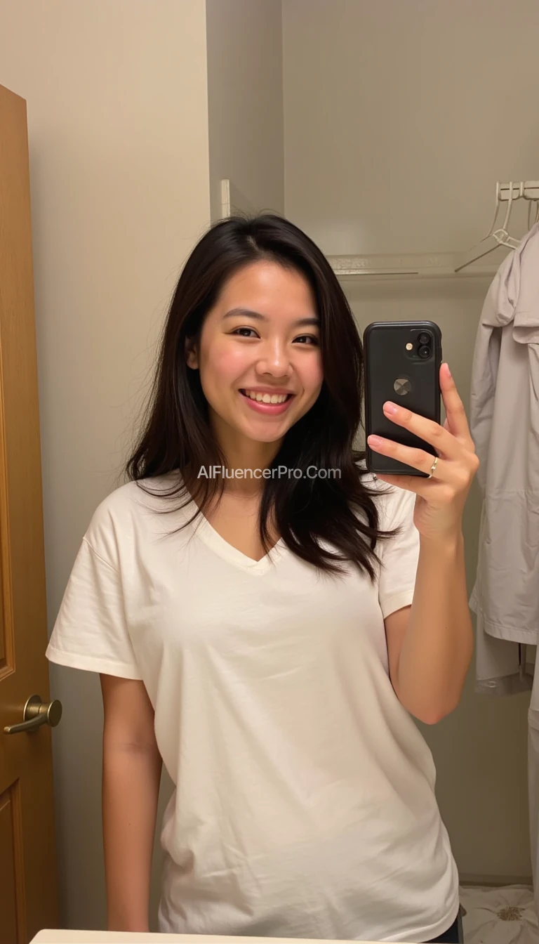 boring low quality snapchat full body shot photo circa 2015, cute woman, smiling, young, asian filipina, soft dark hair, white t-shirt, large breasts, holding cellphone for a selfie, standing in a bathroom