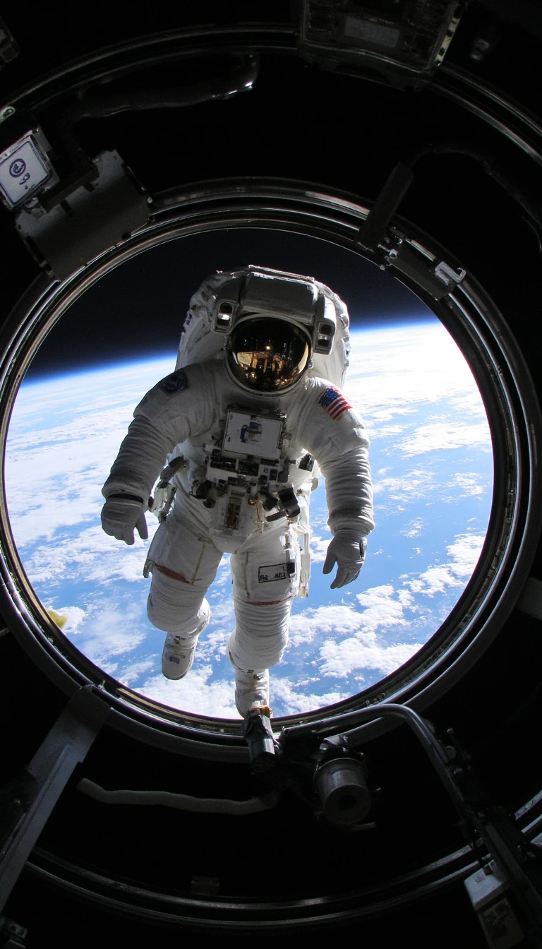 Astronauts in space, earth in background, inside the international space station 