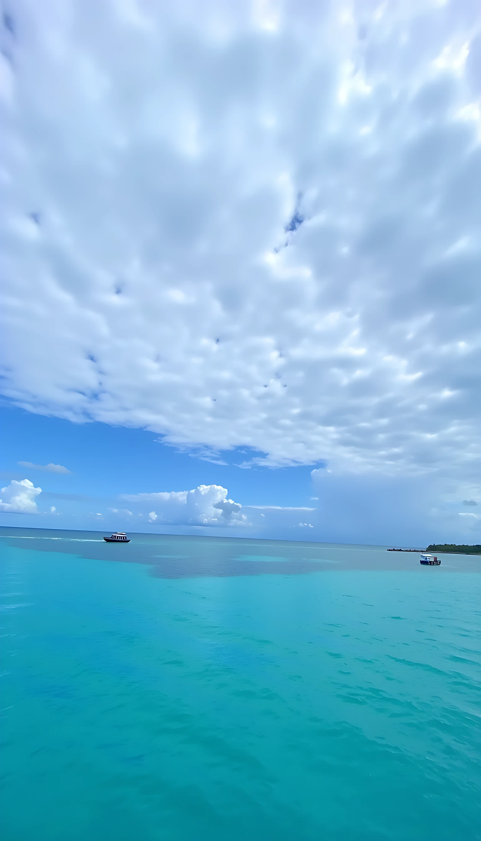 The image shows a beautiful blue ocean with two small boats in the distance. The sky is filled with white, fluffy clouds that are scattered across the horizon. The water is a deep turquoise color and the boats are small and black. The boats appear to be sailing on the water, with one boat in the foreground and the other in the background. The overall mood of the image is peaceful and serene.