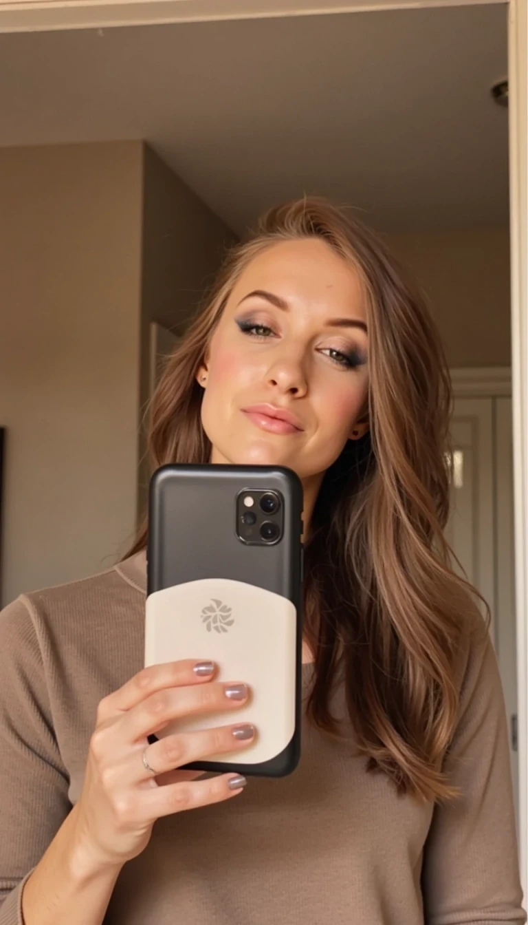 create an ai image of CSTMDL taking a selfie in front of her mirror. the photo looks like its been took with an iphone 14