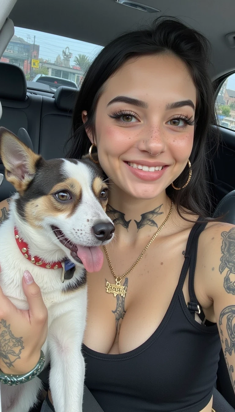 CSTMDL dark hair teen, brown eyes, big boobs, beautiful smile, snapchat selfie with a dog.
