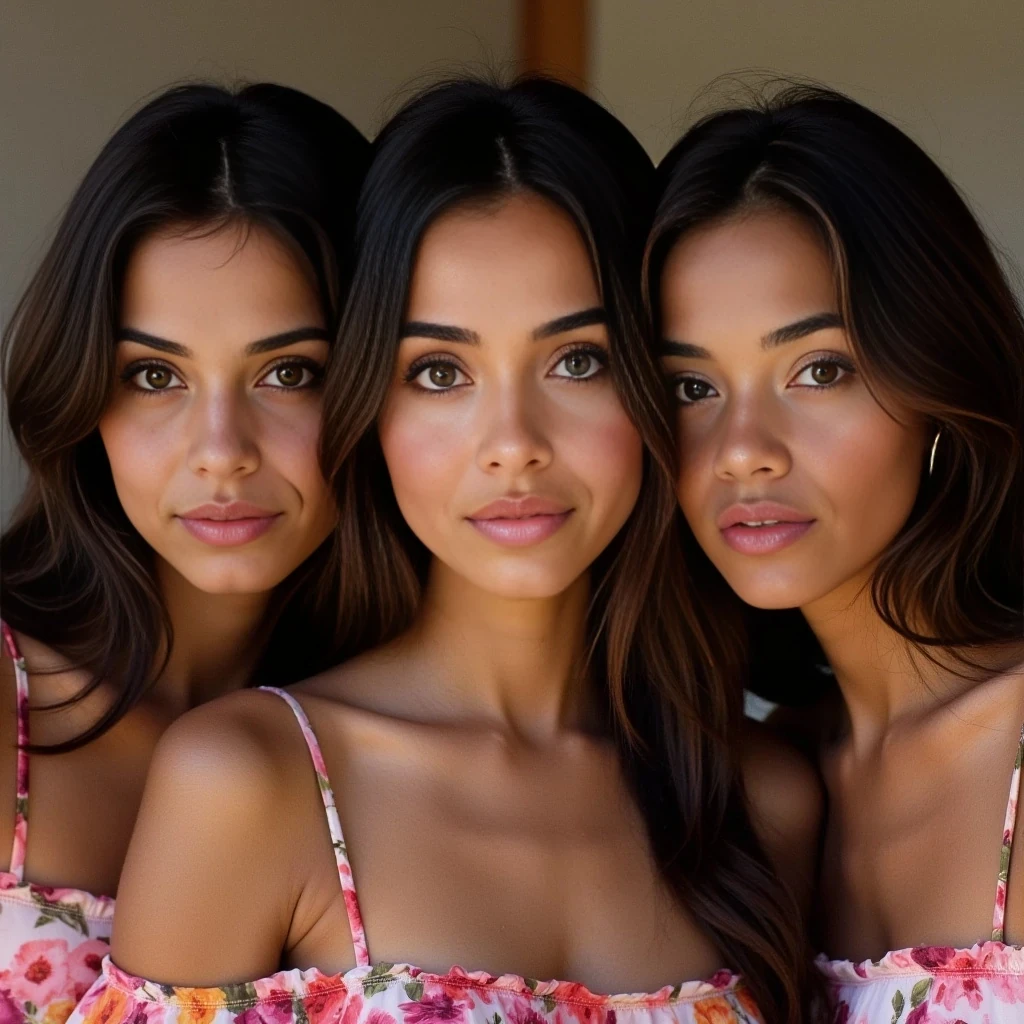 boring low quality snapchat photo circa 2015, three look alikes of her together all brunettes with identical  features

Use realistic facial features, natural body proportions, glowing ambient light, real floral textures, and authentic framing. Avoid distortion, overly posed angles, or artificial enhancement.