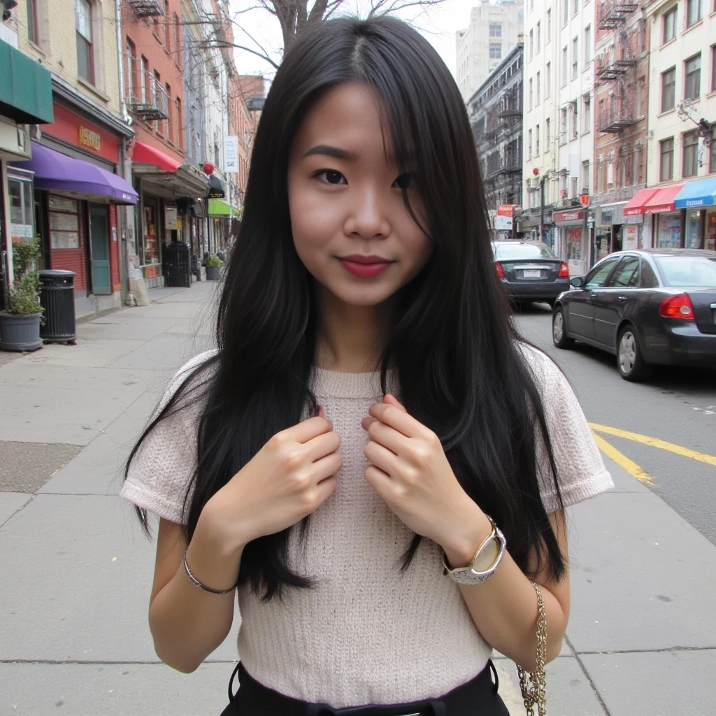 boring low quality snapchat photo circa 2015, asian, cute, thin, petite, black hair hair, cute outfit, city background