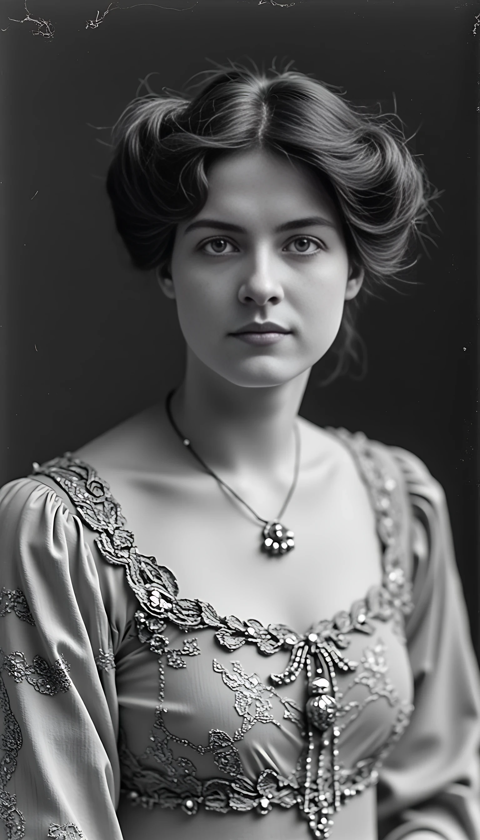 Black and white old worn photography of woman CSTMDL, brunette, ice blue eyes, cold smile. Thin and athletic body, with a flat stomach but plain and sexy feminine curves. 1900 gala robe, small pendant on a little lace and jewellery, 1900 classy haircut