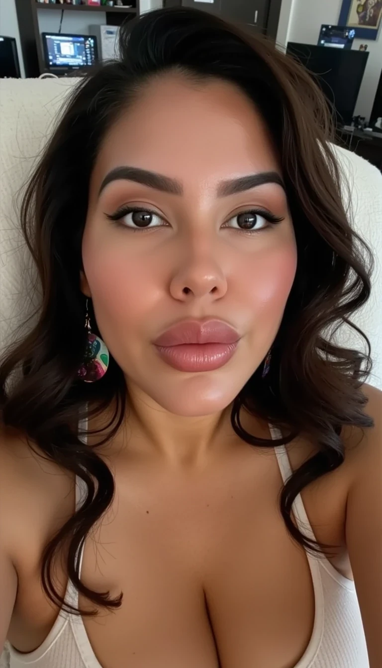 A selfie close up photo of CSTMDL a 35-year-old adult native American woman with light brown skin tone, she is looking at the camera, the front of her body is facing towards the camera, she is posing seductively for the camera on her knees and looking up at the camera, she maintains intense eye contact with the camera at all times, she is naked, she has large sized dark skinned nipples, realistic, no earrings, award winning photography, professional lighting, 