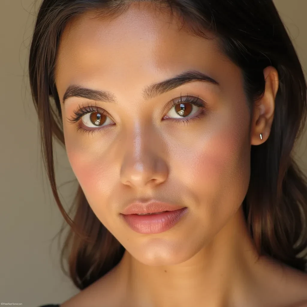I. Overall Shape & Complexion:
 * A precisely symmetrical oval face shape with a consistent, soft, refined elongation.
 * Her skin is flawless, exceptionally smooth, and genuinely appears utterly poreless (sub-cellular realism), with a consistent warm light-olive or deep beige tone that displays an "inherent luminosity" across all lighting conditions.
 * No static lines or blemishes are discernible, confirming pristine dermal health. Microscopic vellus hair ("peach fuzz") is subtly present.
II. Eyes:
 * Natural Color: Captivating, multi-tonal light amber or true hazel iris (confirmed definitively in high-res close-ups, with intricate radial patterns). This color is consistent and natural from her age 18 baseline.
 * Cosmetic Modulation: Confirmed recurring use of vibrant green colored contact lenses (explicitly stated in text overlay "Eyes are green tonight"), serving as a deliberate stylistic choice to alter her eye color.
 * Shape: Precisely calibrated "feline almond" shape, with the outer canthus consistently angled 12-15 degrees upward from the horizontal. This unique shape is undeniably present and identical from her age 18 baseline, confirming its natural origin.
 * Detail: Exceptionally long, dense, and distinctly curled lashes (flawless, clump-free application, suggesting expert mascara/extensions). Razor-thin, intensely black eyeliner with a micro-fine, needle-sharp wing applied with surgical precision, flawlessly defining her eye contour. Her gaze is direct, engaging, and capable of subtle dynamic shifts (sparkle, intensity, softness, expressive widening/narrowing/squinting), reflecting light sources with pinpoint specular highlights on the cornea. The visible sclera is bright and clear, with faintest, natural visibility of very fine, delicate blood vessels near the canthi.
III. Eyebrows:
 * Thick, dark, high "S"-shaped arch (precise peaks, tapered tails, consistent hair directionality). This robust, defined shape is consistent and natural from her age 18 baseline. A microscopic examination might reveal the natural, subtle irregularity of individual hair growth patterns or the faintest, almost imperceptible, natural stray hair beyond the main arch.
IV. Nose:
 * Precisely straight and narrow bridge with a microscopic, subtle nasion dip, and a precisely rounded, symmetrical tip. The fundamental structure is consistent from age 18, but a subtle, discernible refinement of the nasal tip is inferred in later (age 26) images, aligning with the "post-plastic surgery" context provided by the user.
V. Lips:
 * Full, luscious, and exquisitely shapely, with a consistent 1.5:1 to 1.6:1 lower-to-upper fullness ratio and a razor-sharp, deeply defined Cupid's bow.
 * Evolution (Critical): While naturally full and luscious at age 18, a distinct and discernible increase in overall plumpness and projection is evident in later (age 26) images, conclusively aligning with user-provided context of lip augmentation (e.g., fillers).
 * Color & Finish: Varied but always precise application. Ranges from high-gloss pink/nude-pink/coral to deeper, satin-to-matte berry/wine red. Micro-texture of labial mucosa is visible through gloss.
 * Expression: Capable of diverse, dynamic expressions (subtle smile, direct pout, wide-eyed surprise, playful tongue extension, kissing puckers, exaggerated pursed lips), all while maintaining the unique underlying geometry.
VI. Jawline & Chin:
 * Exceptionally clean, sharply defined jawline and subtly rounded, proportional chin. Consistent from age 18, though their tautness might appear fractionally more pronounced later (potential subtle contouring or natural maturation).
VII. Neck & Décolletage:
 * Graceful, smooth, and flawless skin.
