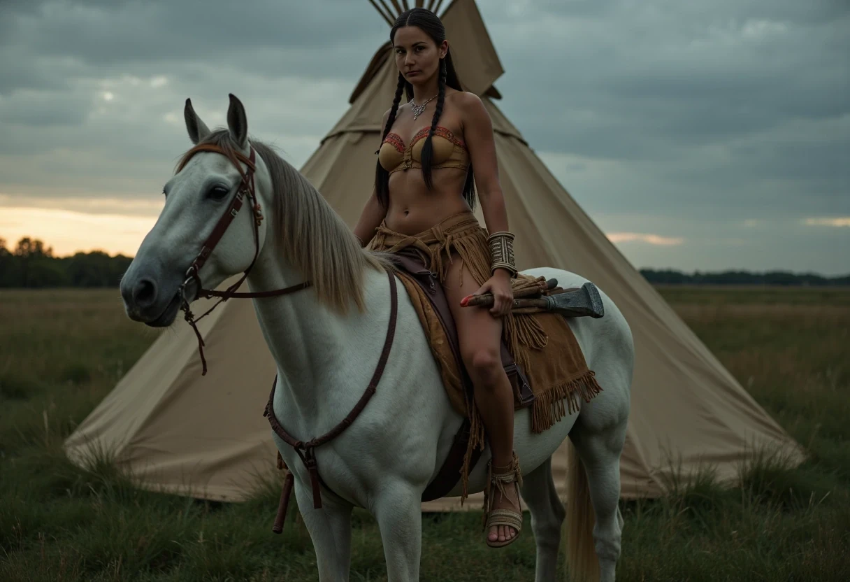 Medium shot photo of a beautiful 25-year-old slim athletic Native American woman warrior with small petite A cup breasts, wearing native American Regalia, posing stoically in front of a round native American plains style tipi. Set under dim natural sunrise light. The sun has barely begun to peek over the horizon. The image has a dull color palette, with the greenery of the ground around the tipi being dark green and browns cast with shadows and dull gray sky meets the sunrise on the horizon enhancing the moody atmosphere. The woman, who is Native American in appearance, has a slim athletic build and petite tiny breasts. She is wearing a traditional smoked hide native American Regalia outfit, it resembles a hard bone material bra and smoked hide leather panties, it is golden smoked hide brown in color. She is wearing bone and leather vambraces on her forearms and leather wraps around her shins. You can still see her entire leather bra and panties. She is wearing smoked hide moccasins on her feet. Her hair is Native American styled with 2 long braids. She is riding a top of a native American warhorse with the reins gripped in one hand and a tomahawk in the other. The horse is adorned in traditional native American warhorse garb. The horse is tall and white, with spots ofbred warpaint. She has a primitive archery bow and a bundle of arrows in a native American style quiver on her back. The woman is looking directly at the camera stoically without any other expression. She has red warpaint on her body and face. There is no explicit nudity visible. Cinematic shooting style. Romantic setting