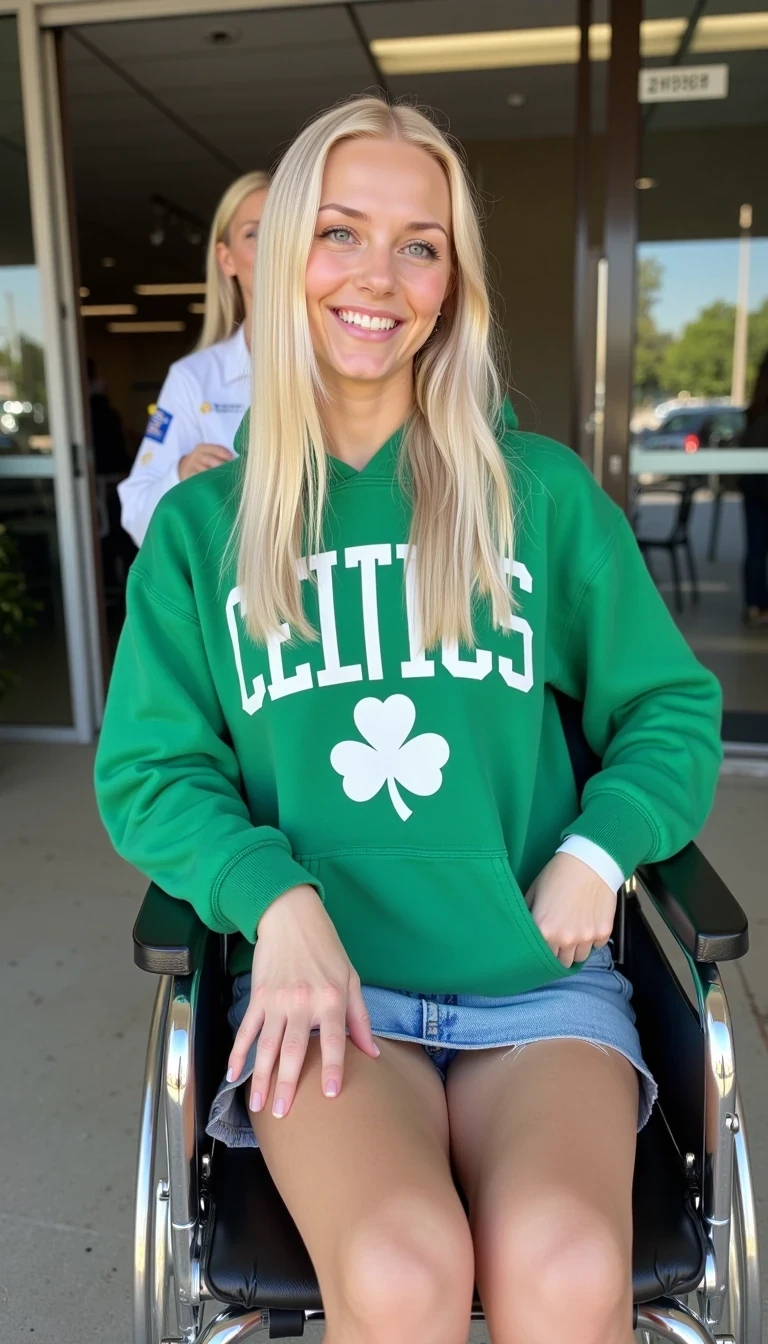CSTMDL, Hailey, hyper-realistic photograph of a young woman in her early-20s with warm fair skin tone, blonde hair cascading over her shoulders, getting out of a hospital, she is sitting down on a wheelchair, she is wearing a jean skirt and a green Celtics hoodie, she is looking at the camera with a smile,  no visible sweat or signs of exertion, no accessories except a white hospital band on her right wrist, background includes the double sliding doors from the hospital, a second woman, CSTMDL, Lory is being her pushing the wheelchair, overall atmosphere of quiet vulnerability mixed with subtle allure, medium shot from a low angle, captured with a Canon EOS 5D Mark IV camera using a 50mm prime lens at f/2.8 aperture, ISO 200, natural outdoor lighting with high detail and sharpness, photorealistic textures on the thin cotton fabric of the hoodie  with faint wrinkles and soft folds, glossy sliding doors reflections, ultra-detailed skin pores and hair strands, indistinguishable from a real high-resolution photo