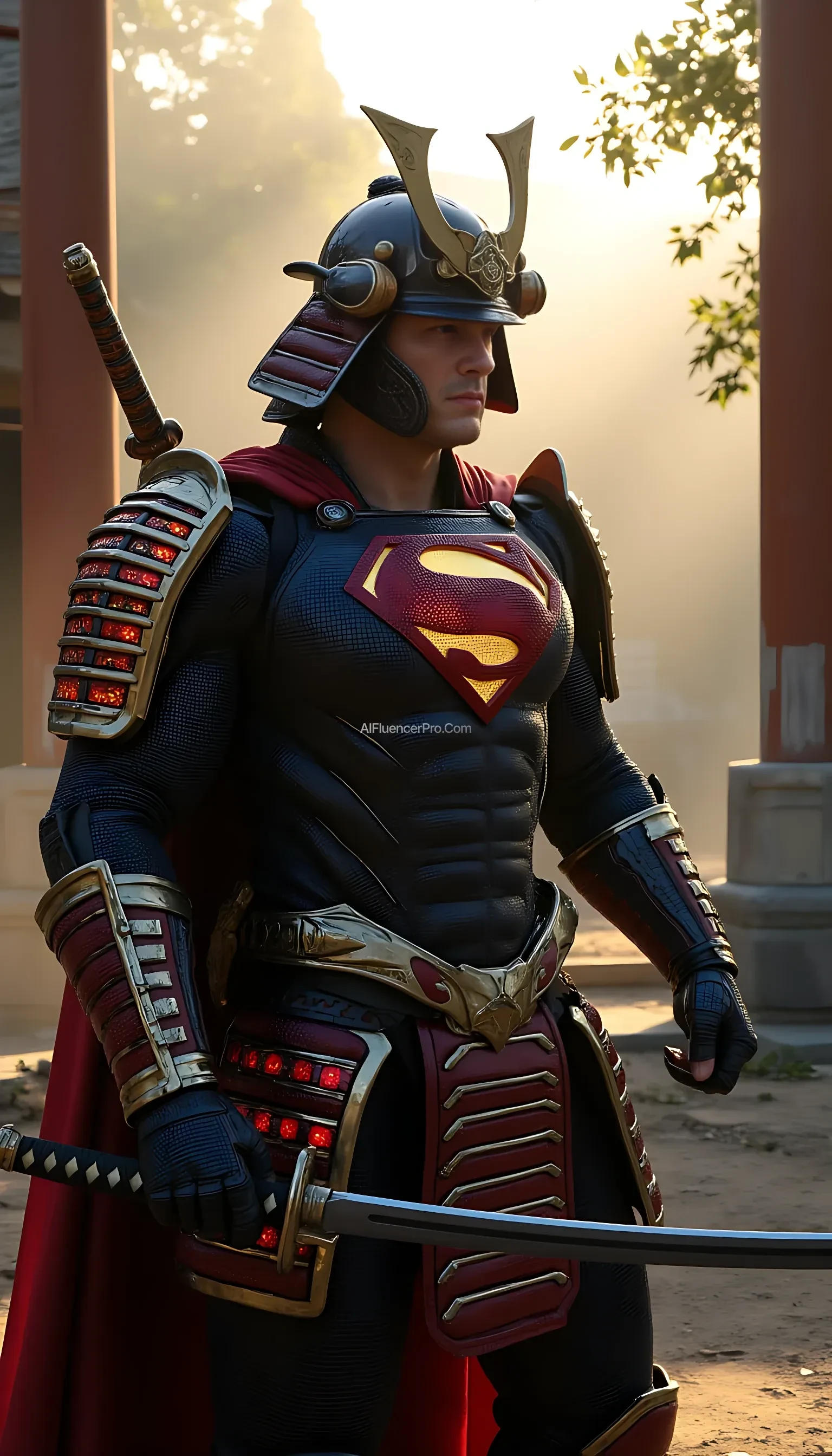 A photorealistic Superman wearing a majestic samurai-inspired suit, combining traditional Japanese armor with futuristic design. The samurai armor is adorned with intricate, metallic plating, featuring glowing accents that highlight the suit's advanced technology. His chest displays the iconic 'S' symbol, subtly incorporated into the armor's design. He wears a traditional samurai helmet, but with a modern twist, featuring sleek, aerodynamic lines. Superman wields a katana, its blade reflecting a sharp, deadly glow, while a shuriken is strapped to his side. The scene takes place in a serene, ancient Japanese temple at dawn, with soft sunlight breaking through the mist, casting a golden glow on the scene. The stillness of the temple is interrupted only by the faint sound of the wind rustling through the trees, creating a calm yet tense atmosphere as Superman prepares for battle.