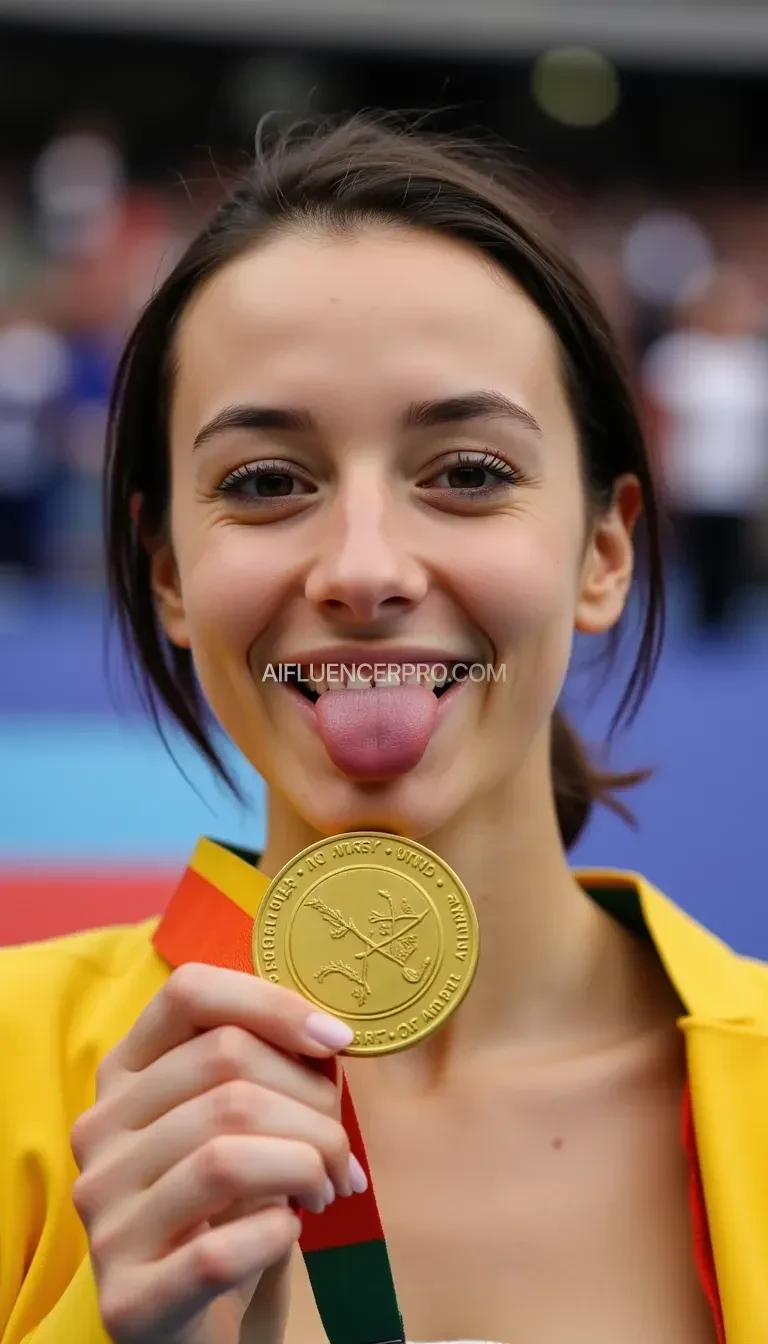 A joyful woman with dark hair tied back, playfully sticks out her tongue while holding a golden medal close to her face. She's wearing NO CLOTHS. The background is a blurred indoor setting with a crowd, suggesting a sports event or competition celebration.