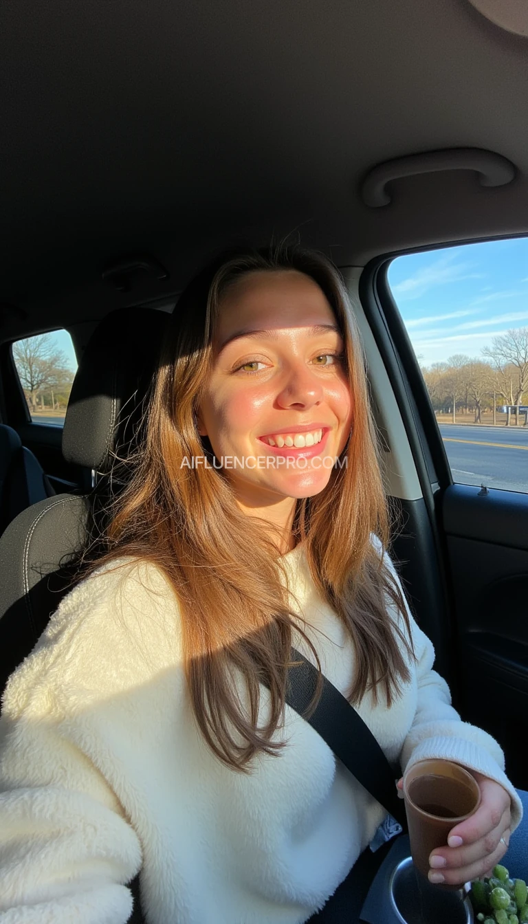 boring low quality snapchat photo circa 2015, A young woman with a warm smile, sitting in the driver's seat of a cozy car. She has soft, wavy brown hair cascading past her shoulders. The sunlight streams through the window, casting a gentle glow on her face. The interior of the car is neat and comfortable, with a coffee cup in the cup holder and a small plant on the dashboard. The background outside the window shows a scenic road lined with trees and blue skies