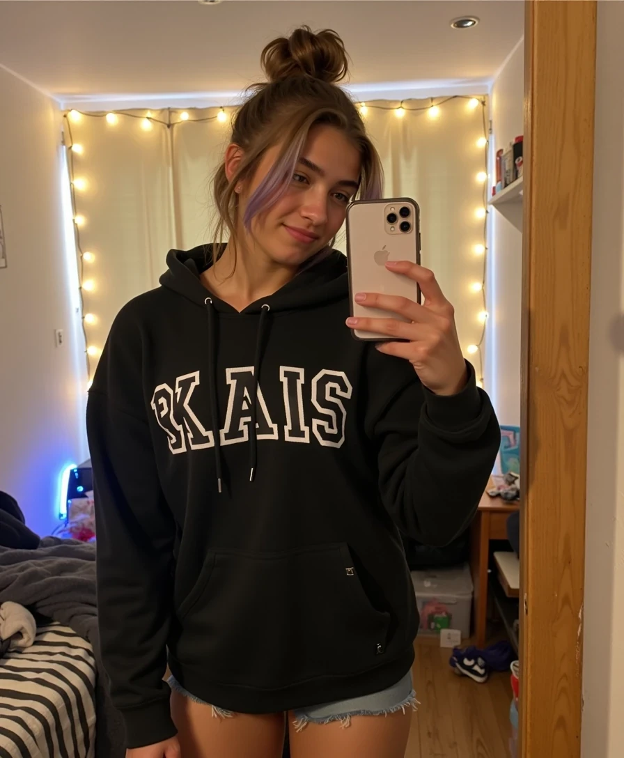 boring low quality snapchat photo circa 2015 Mirror selfie of Skai in her dorm room, casual outfit of oversized hoodie and shorts, holding phone with one hand, relaxed posture. Hair in messy bun, strands loose around her face. Background: unmade bed, LED string lights, slightly messy desk. Lighting: warm, slightly uneven, natural dorm vibe. Expression: cheeky grin, relatable chaos energy. Style: authentic Instagram mirror selfie.
