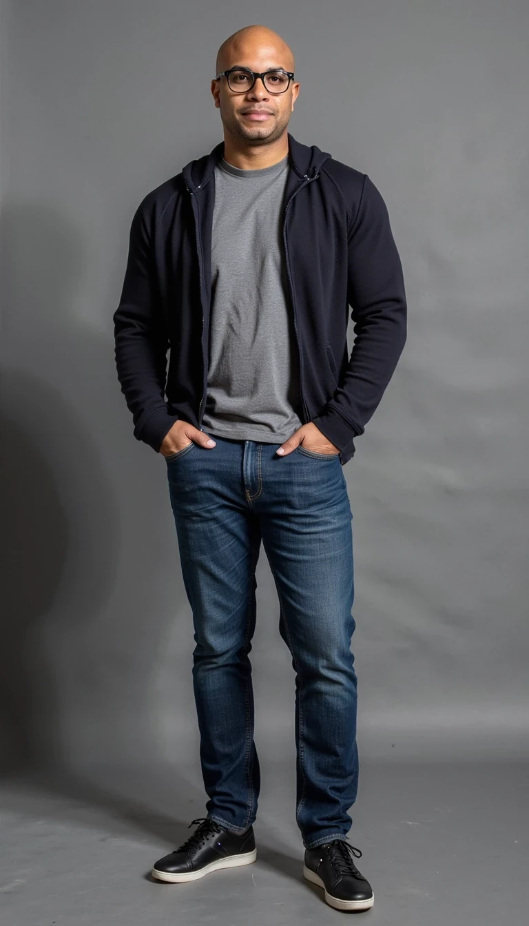 Full body image. make him more realistic and similar. Tech CEO, He is wearing a cardigan and jeans and modern Ray-Ban reading glasses. Slim but muscular build. He is facing the camera directly, as if posing for an award show red carpet picture. He looks like a CEO of a huge corporation with tshirt open, CSTMDL, Face of Carter and bald head