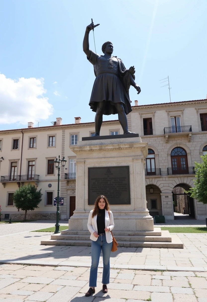 CSTMDL posing in front of the statue of alexander the great in thessaloniki 