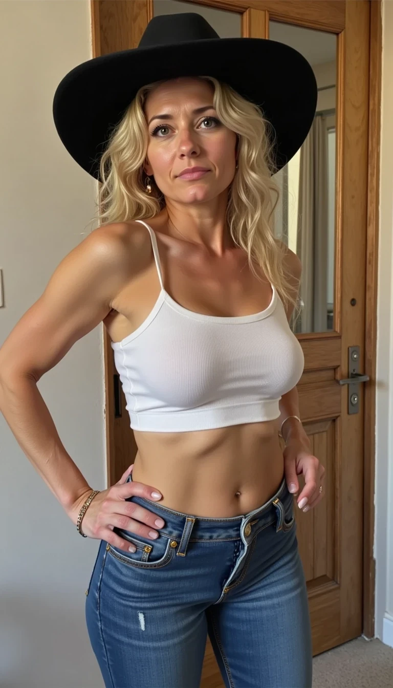 A fashionable mid-30s CSTMDL woman posing indoors against a neutral background. She has shoulder length curly blonde hair and tanned skin. She is thin, toned, and athletic, with large breasts and a flat toned stomach. She has a small waist. Her breasts are the focal point of the image. She wears a black wide-brimmed cowboy hat, a fitted white ribbed tank top covering her stomach, and low-rise blue jeans that reveal her hips. Her hand rests confidently on her hip, showing off manicured nails and a bracelet. The lighting is dramatic with soft shadows, creating a moody, editorial Western-inspired portrait. Natural skin. She has a romantic sultry expression. High-resolution, cinematic photography style.
