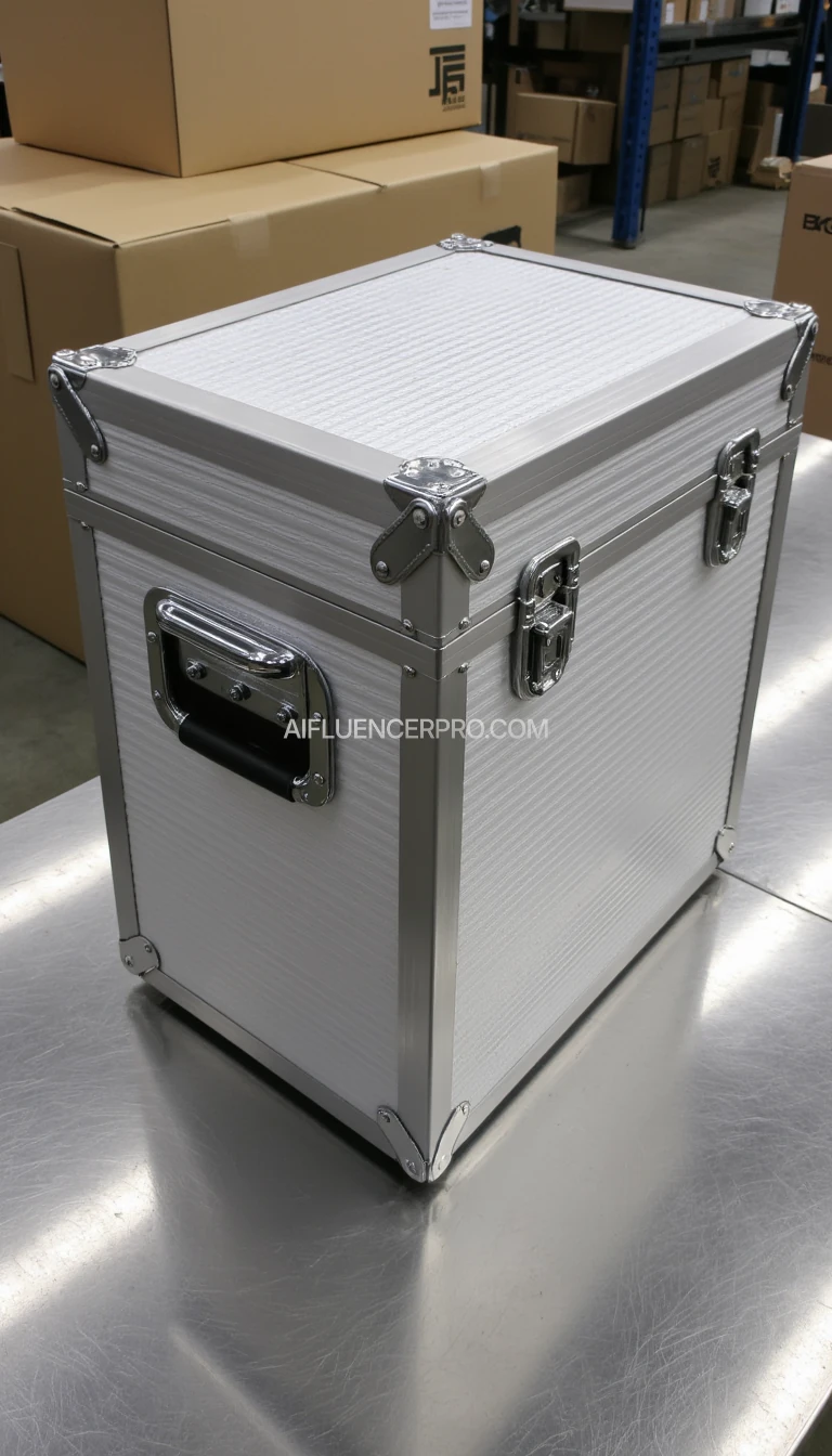 A picture of a metallic, rectangle box with a shinny ribbed pattern. It has two small shiny metal latches on the Top and a black handle by the side. The corners are reinforced with curved metal protectors. The box has a sleek, industrial design, primarily silver in color on a custom clearance facility table