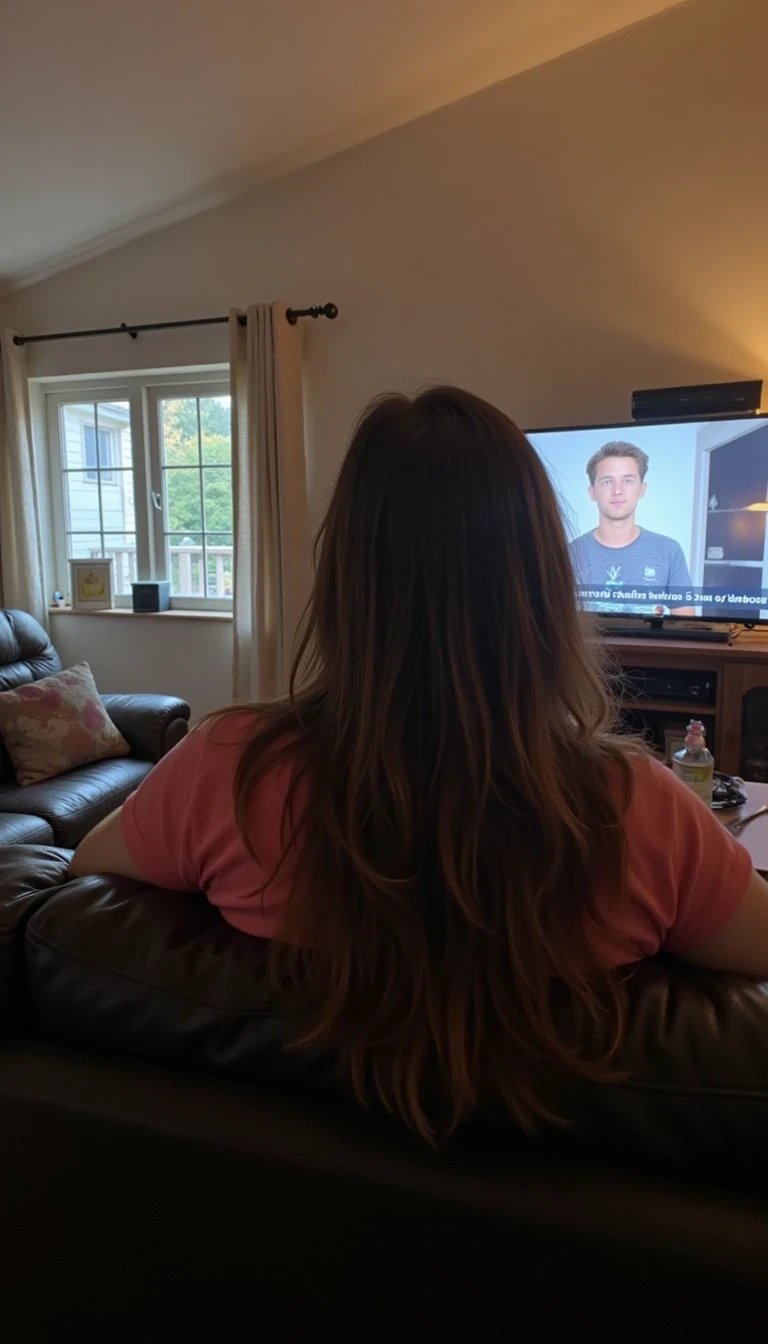 Woman sitting on the couch in the living room. It is in the evening, and the tv is turned on