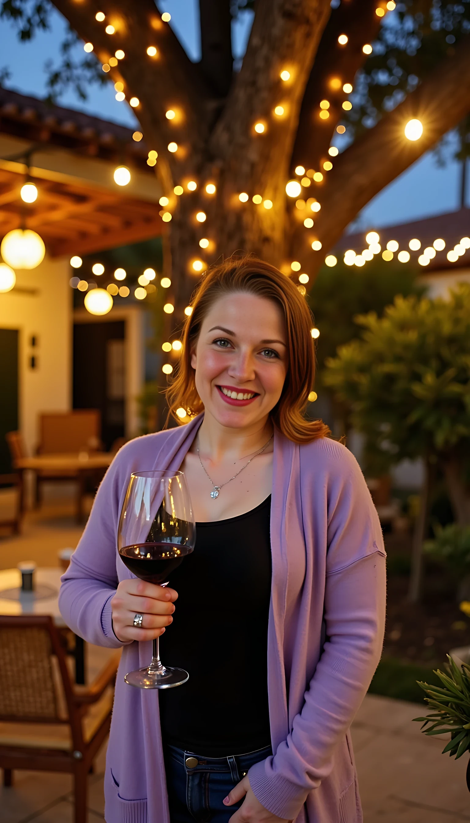 A full body shot photo of a CSTMDL standing outdoors at a cozy, warmly lit patio in the evening, with soft, glowing lights wrapped around a tree behind them creating a charming atmosphere. The image is rich in detail, with warm tones and clear textures throughout. The woman has fair skin, a slim build, and long reddish-blonde hair, also worn loose. She is smiling warmly at the camera, holding a glass of red wine in her right hand, and wears a soft-textured lavender cardigan over a black top. The background features a large tree with sparkling string lights wrapped around its trunk and branches, adding a magical touch to the scene. The setting suggests a private outdoor seating area, with elements like terracotta-tiled roofing, greenery, and rattan chairs contributing to a serene, inviting vibe. The overall composition is balanced, with the woman framed against the softly glowing tree, and the lighting enhances the warm, intimate feel of a quiet evening shared among friends. The details are vivid, with textures of clothing, skin, and background elements clearly visible, while the warm lighting creates a relaxed and joyful mood