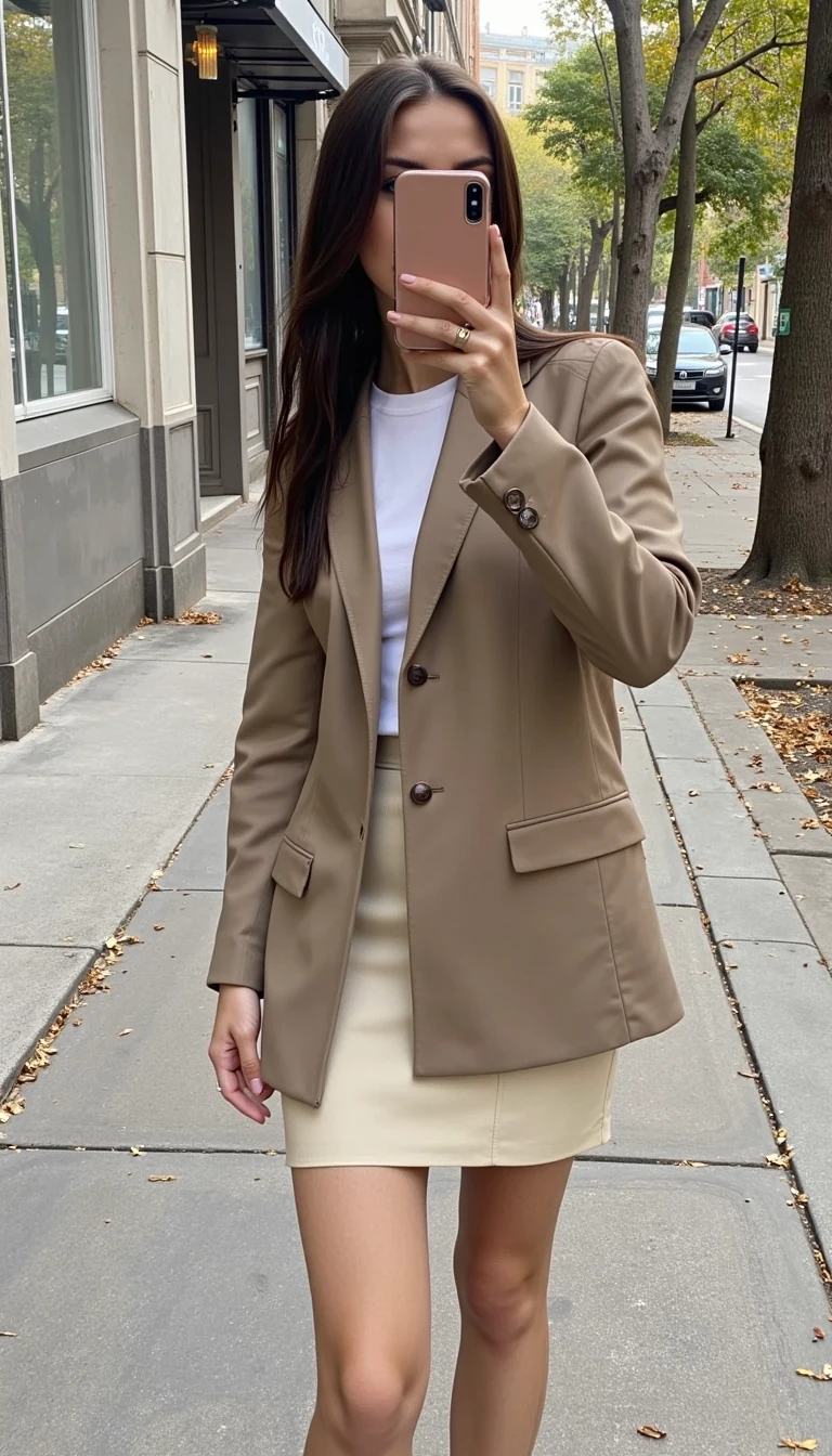 CSTMDL, 18-year-old brunette with long straight hair takes a selfie on the street, wearing a beige oversized blazer, mini skirt, and boots. Urban background, autumn vibe, natural amateur photo.